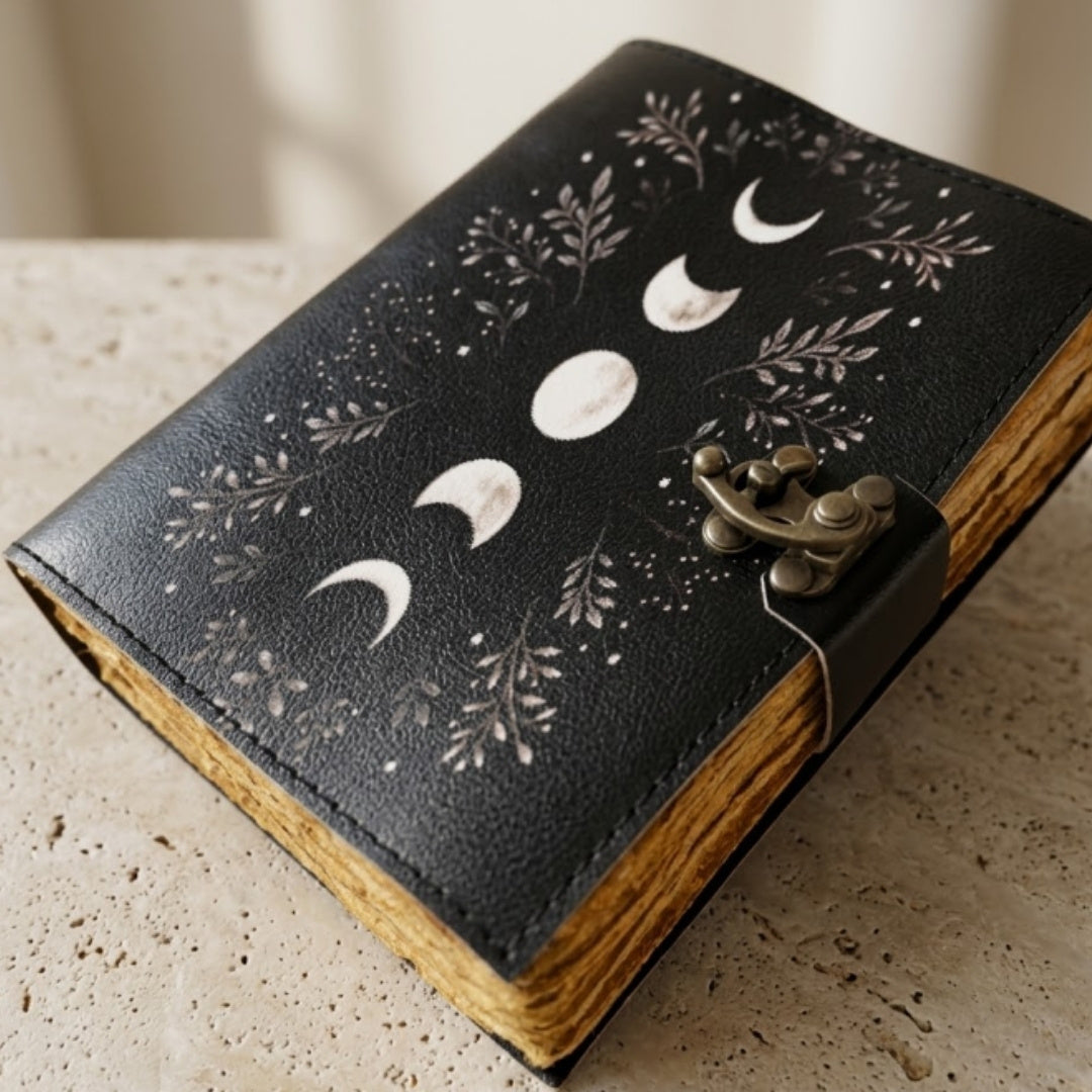 Retro Leather Notebook with Moon Phases – Goatskin, 200 Pages, 150 GSM Paper – H080