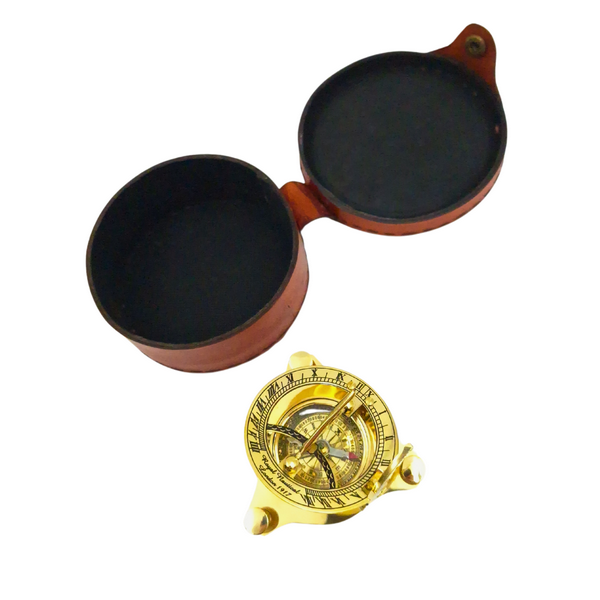 Brass Compass and Sundial in a Leather Case - SUN023F