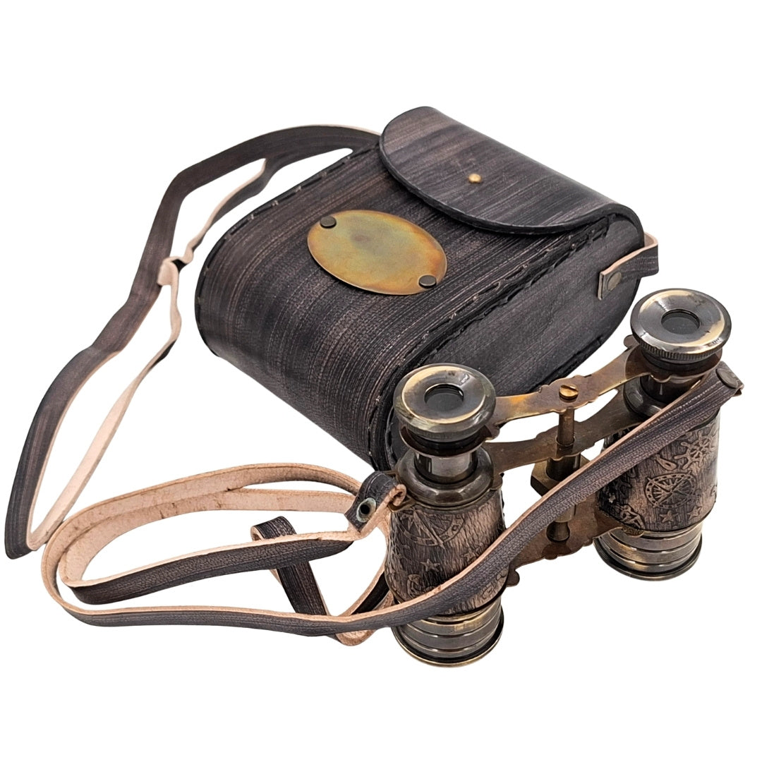 Brass Retro Binoculars in Leather Case with Personalization and Engraving Option