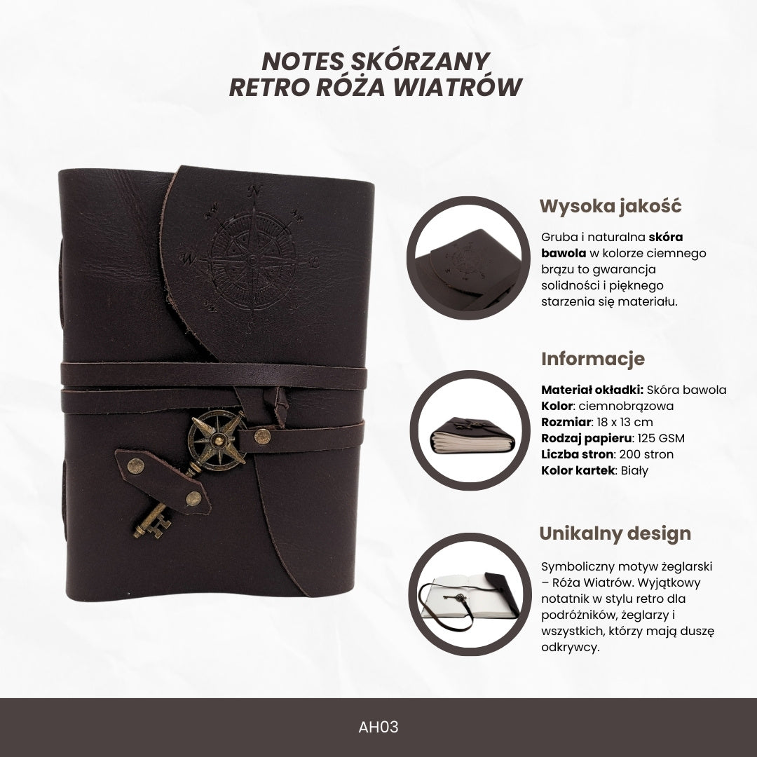 Retro Leather Notebook with Compass Rose 200 Pages - Gift for a Sailor - AH03