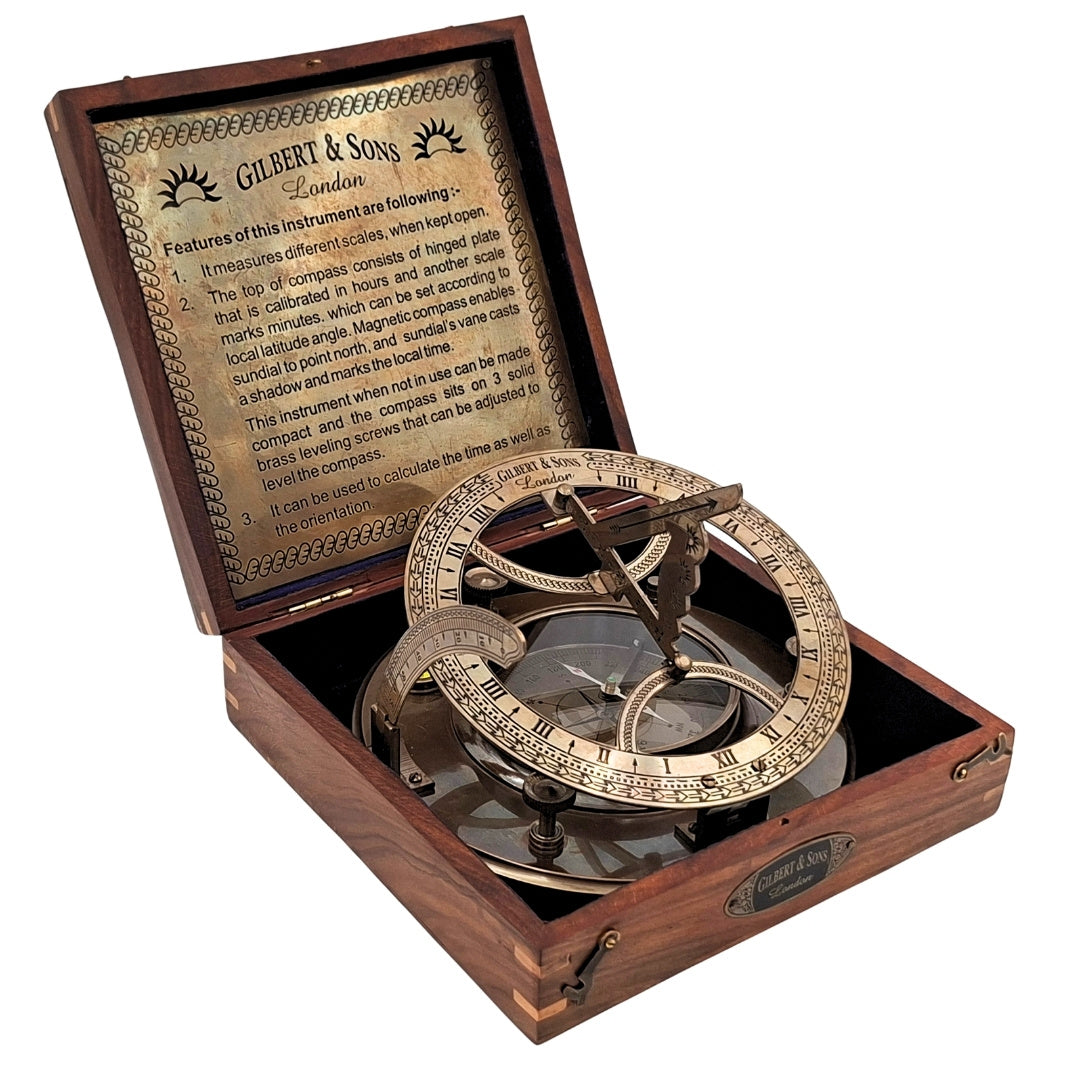 Large Brass XXL Compass with Sundial in Elegant Wooden Box