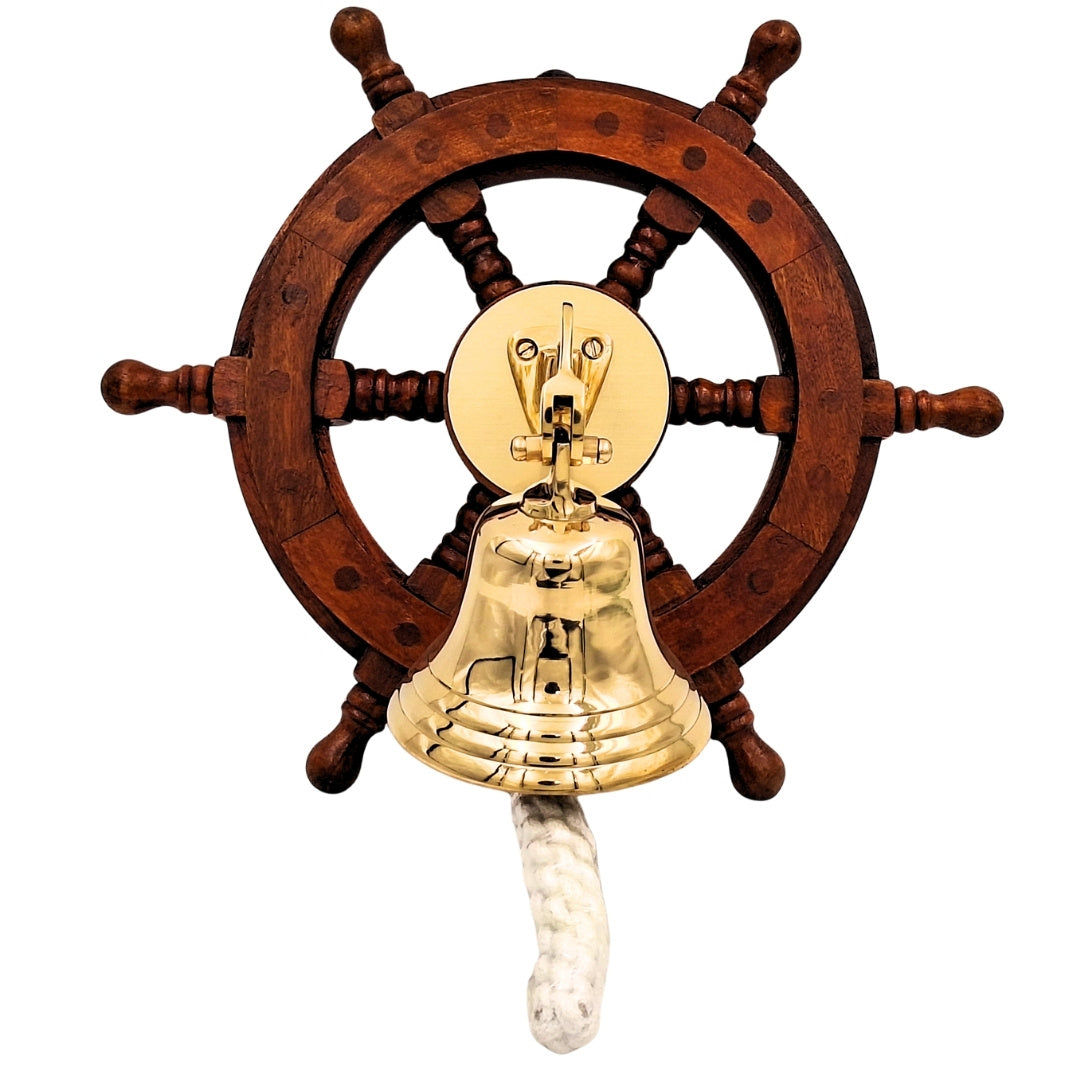 Brass Ship's Bell in a Steering Wheel – Nautical Decoration - NC2356A