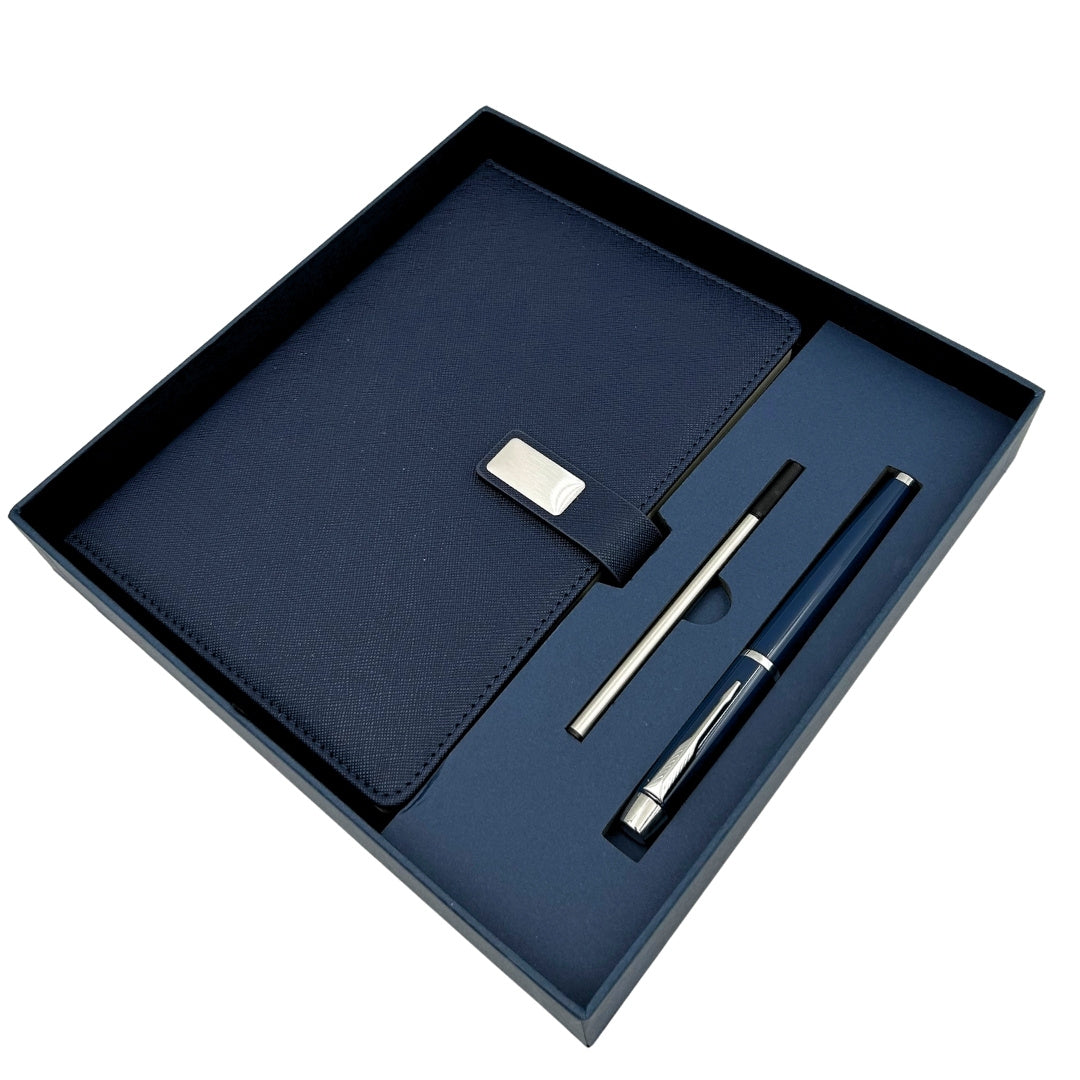 Elegant Gift Set Navy Blue Leather A5 Notebook with Pen in a Gift Box - EE13