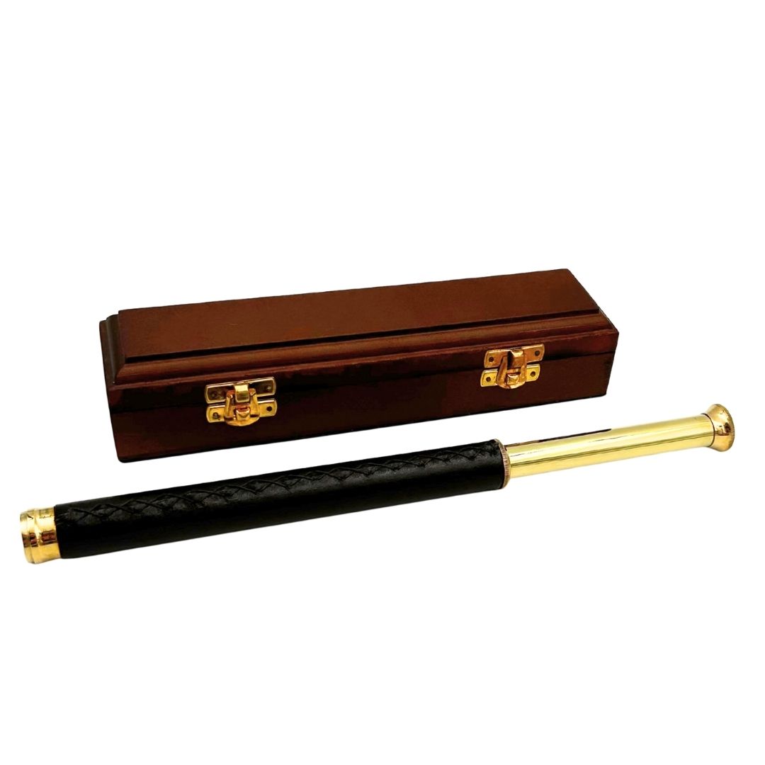Brass and Leather Spyglass in a Wooden Box – HT013