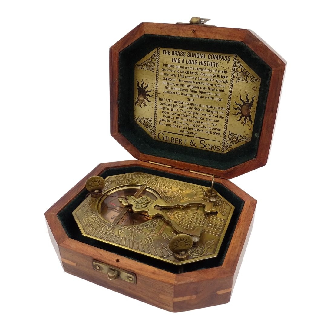 Sundial with Compass in a Wooden Box – Retro Gift for a Traveler – SUN-0106