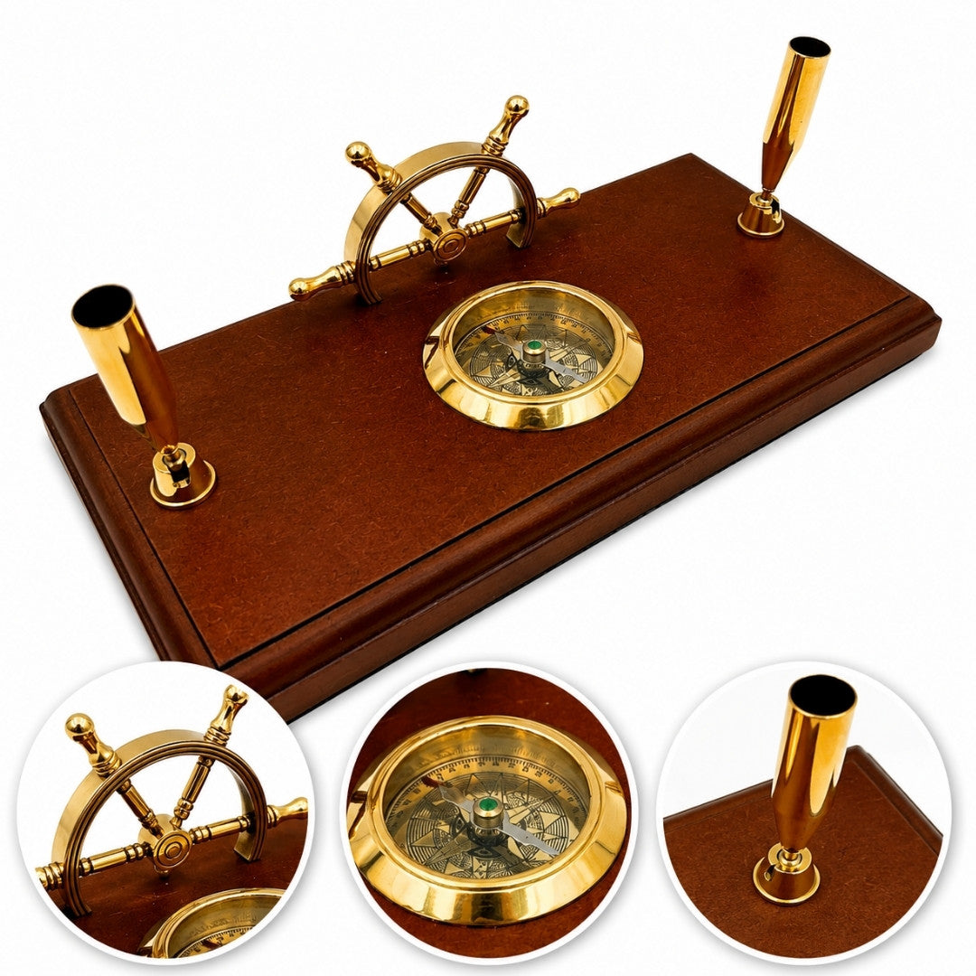 Nautical Desk Set – Ship's Wheel, Compass, Pen Holders – TT019