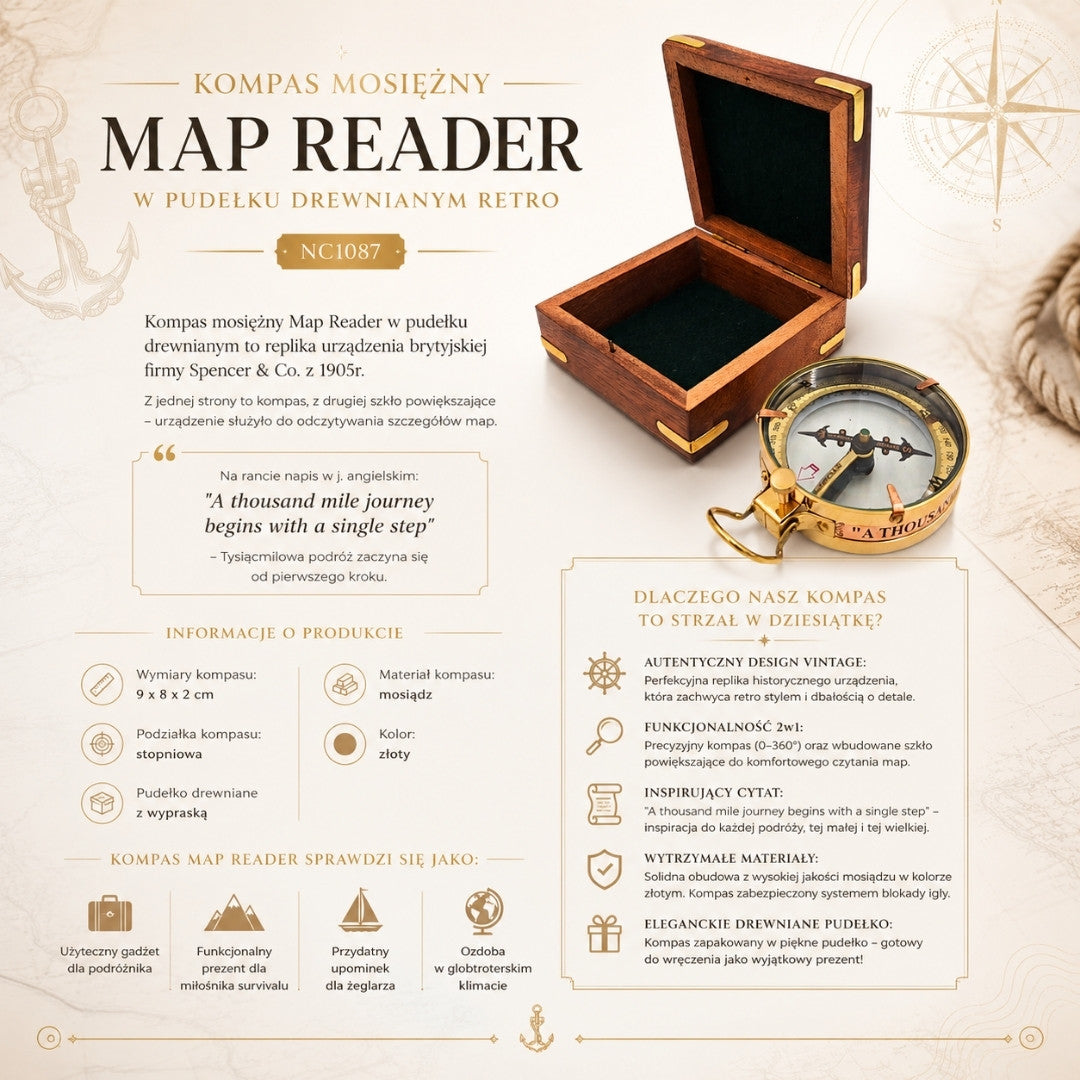 Brass Map Reader Compass in a Retro Wooden Box - NC1087
