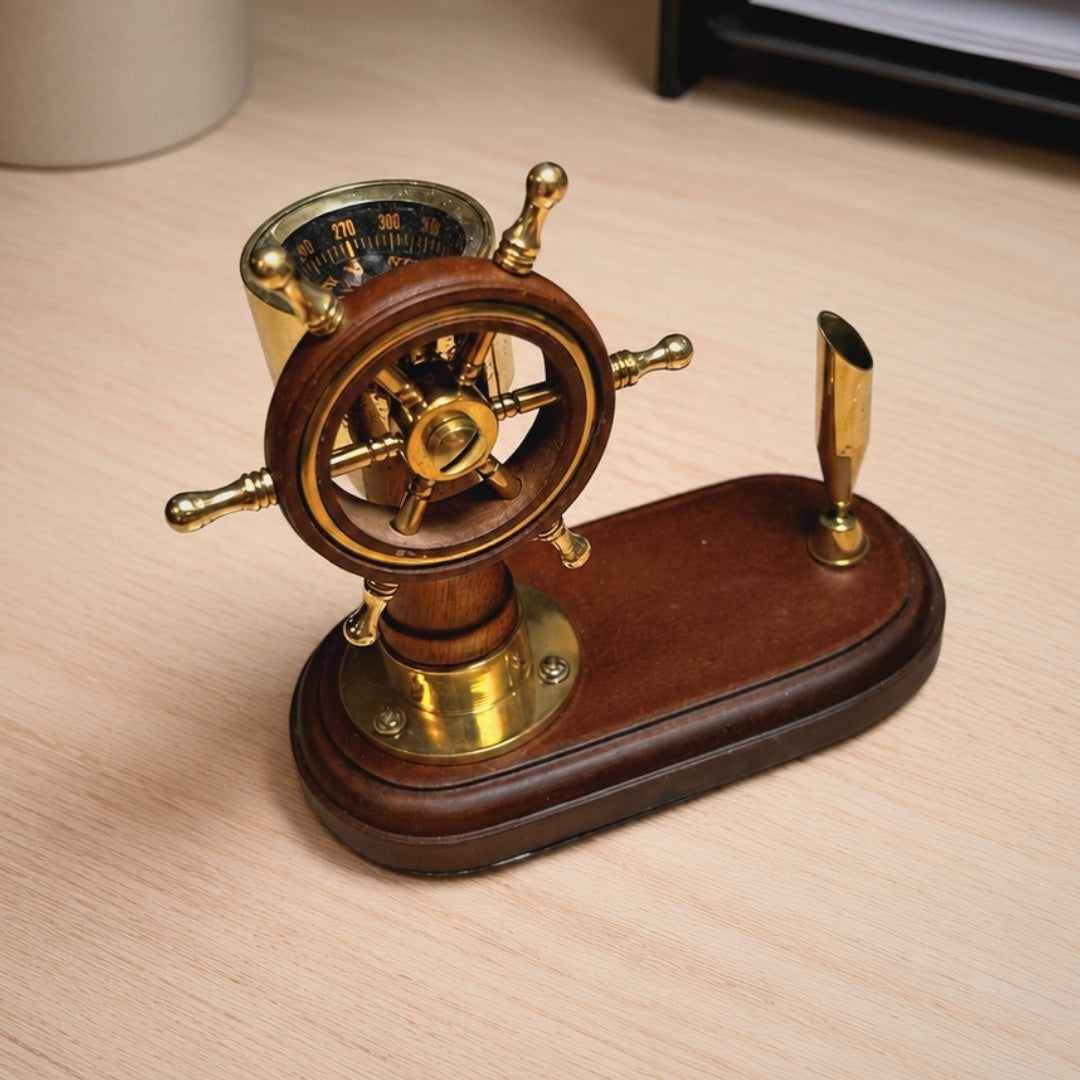 Elegant Desk Set: Ship's Wheel and Compass with Pen Holder – Wood, Brass – TT017