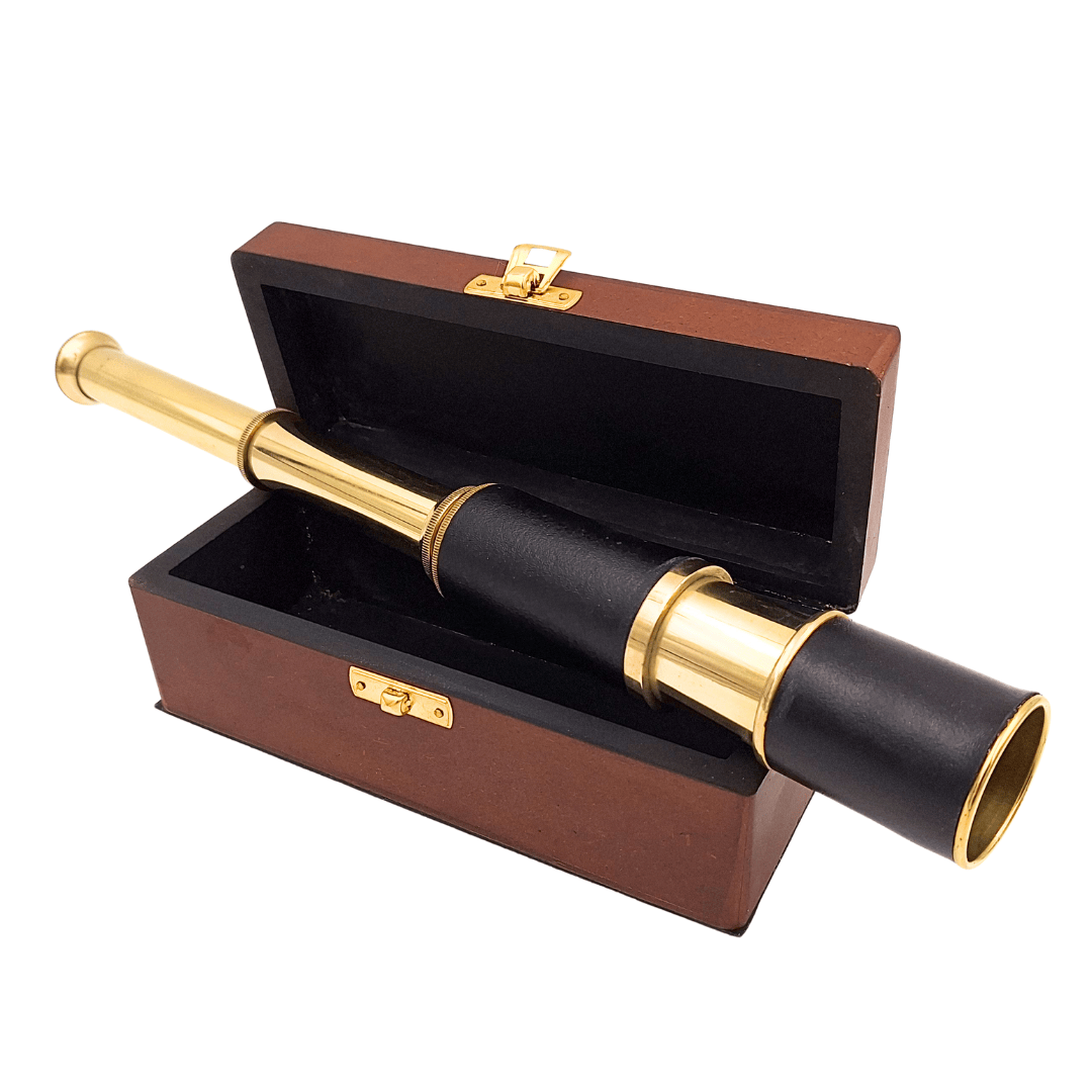 Brass and Leather Spyglass in a Wooden Box – HT01