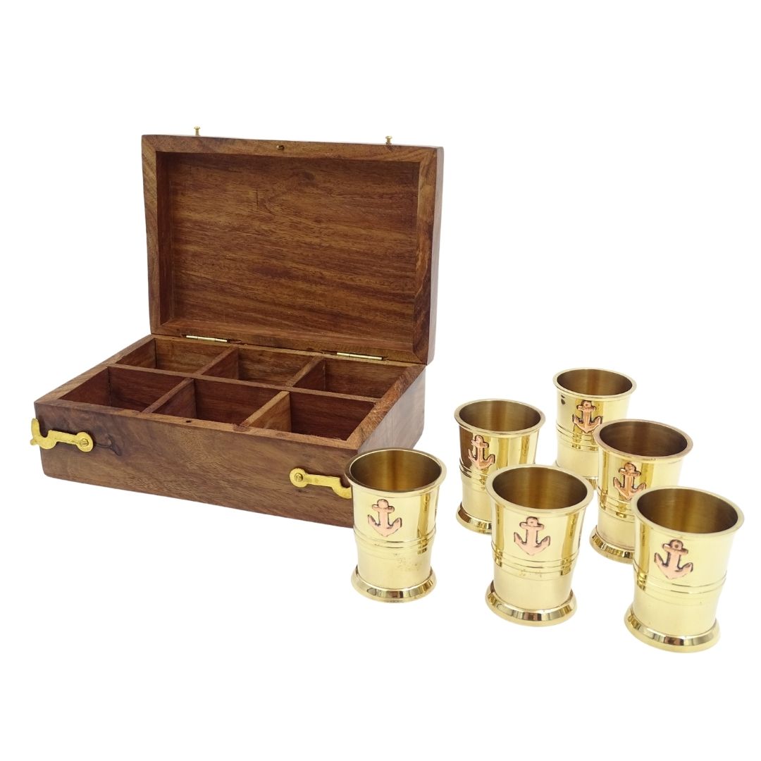 Set of 6 Metal Shot Glasses with Anchor in Wooden Box - Perfect Gift with Personalized Engraving Option - Golden Brass, 50ml Capacity, Elegant Design for Nautical Enthusiasts