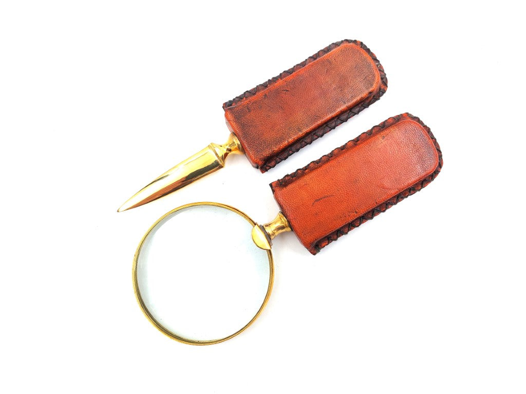 Brass Magnifying Glass and Letter Opener - Leather-Wrapped Handle MFPCSOL