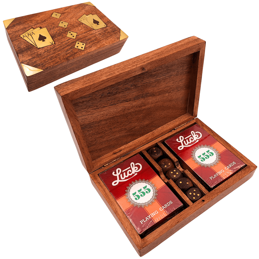 Game Set - Two Decks of Cards and Dice in a Wooden Box – Elegant Gift for a Player – DNU-008