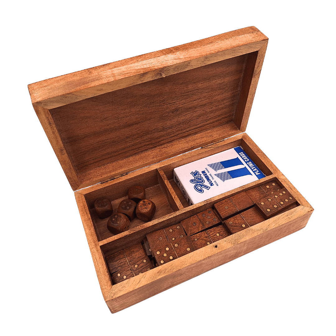 3-in-1 Game Set in a Wooden Box: Cards, Dominoes, Dice - DNU-011