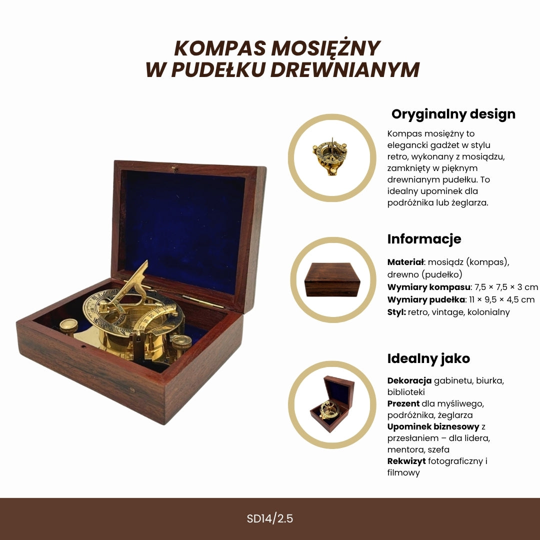 Brass Dollond Compass in Wooden Box with Sundial Function - Perfect Gift with Engraving Option - Antique Style, Dimensions 7.5 x 7.5 x 3 cm