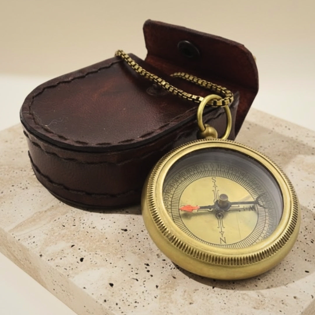 Stylish Brass Compass with Chain in Leather Case - COM-0470A