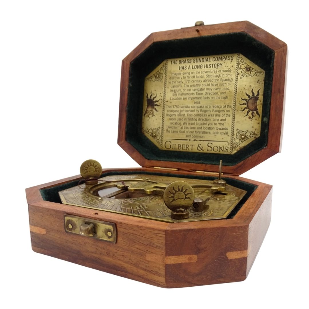 Sundial with Compass in a Wooden Box – Retro Gift for a Traveler – SUN-0106
