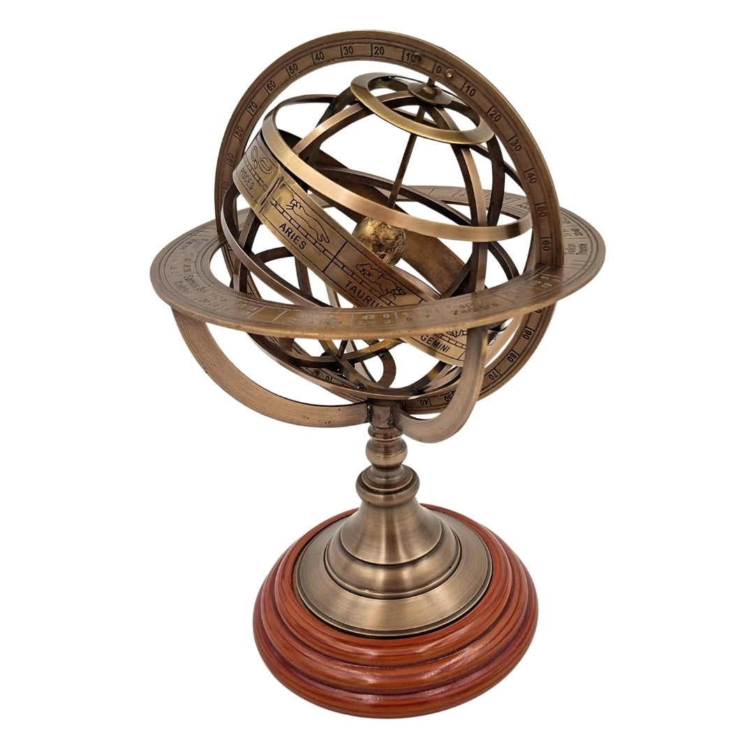 Spherical Brass Astrolabe on a 28 cm Wooden Base with Personalization and Engraving Option