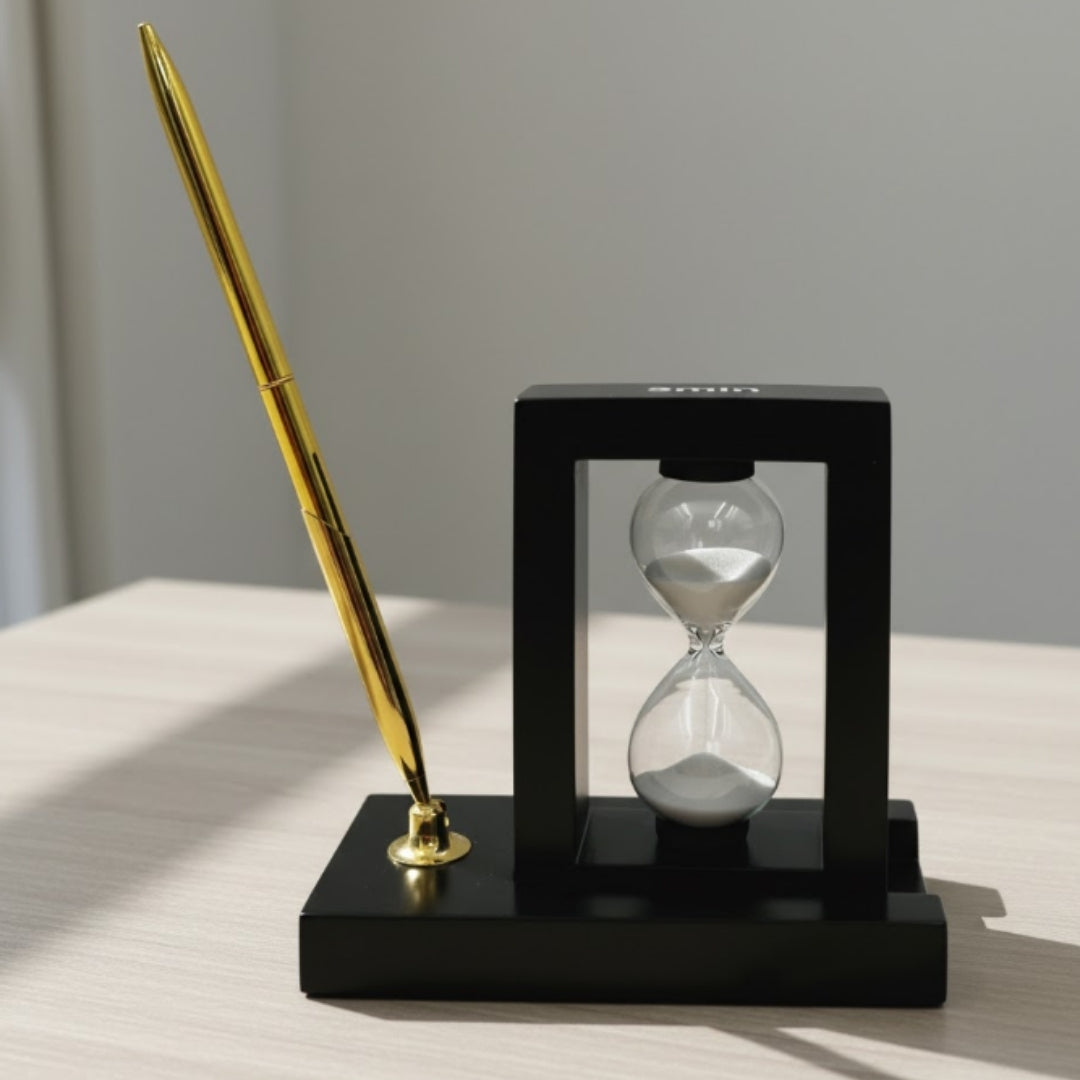Decorative Desk Set with 3-Minute Hourglass and Pen Holder – 121W