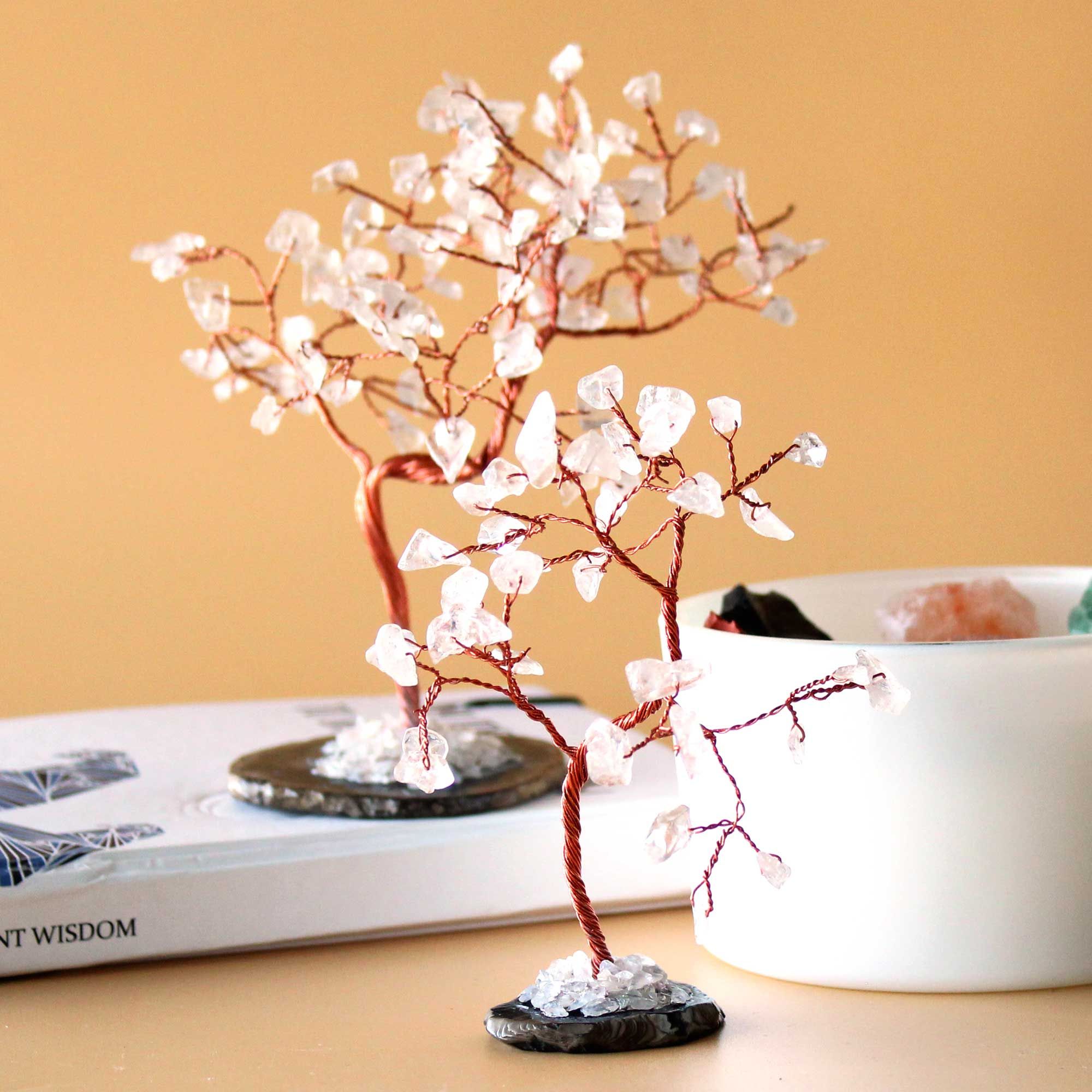 Crystal Tree with Rose Quartz on Black Agate Base