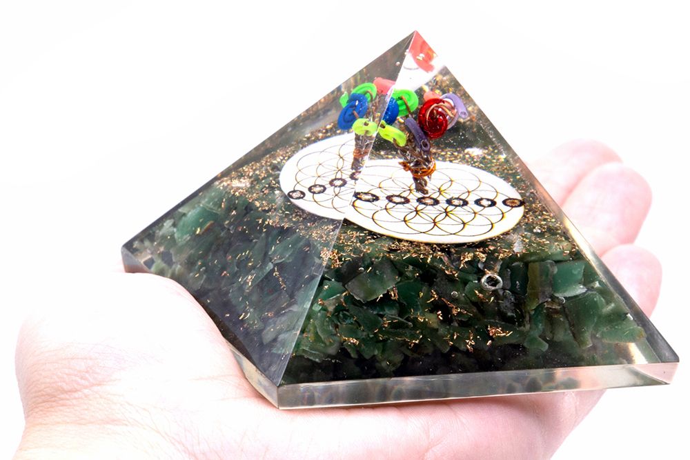 Orgonite Pyramid with Green Aquamarine and Flower of Life Symbolism