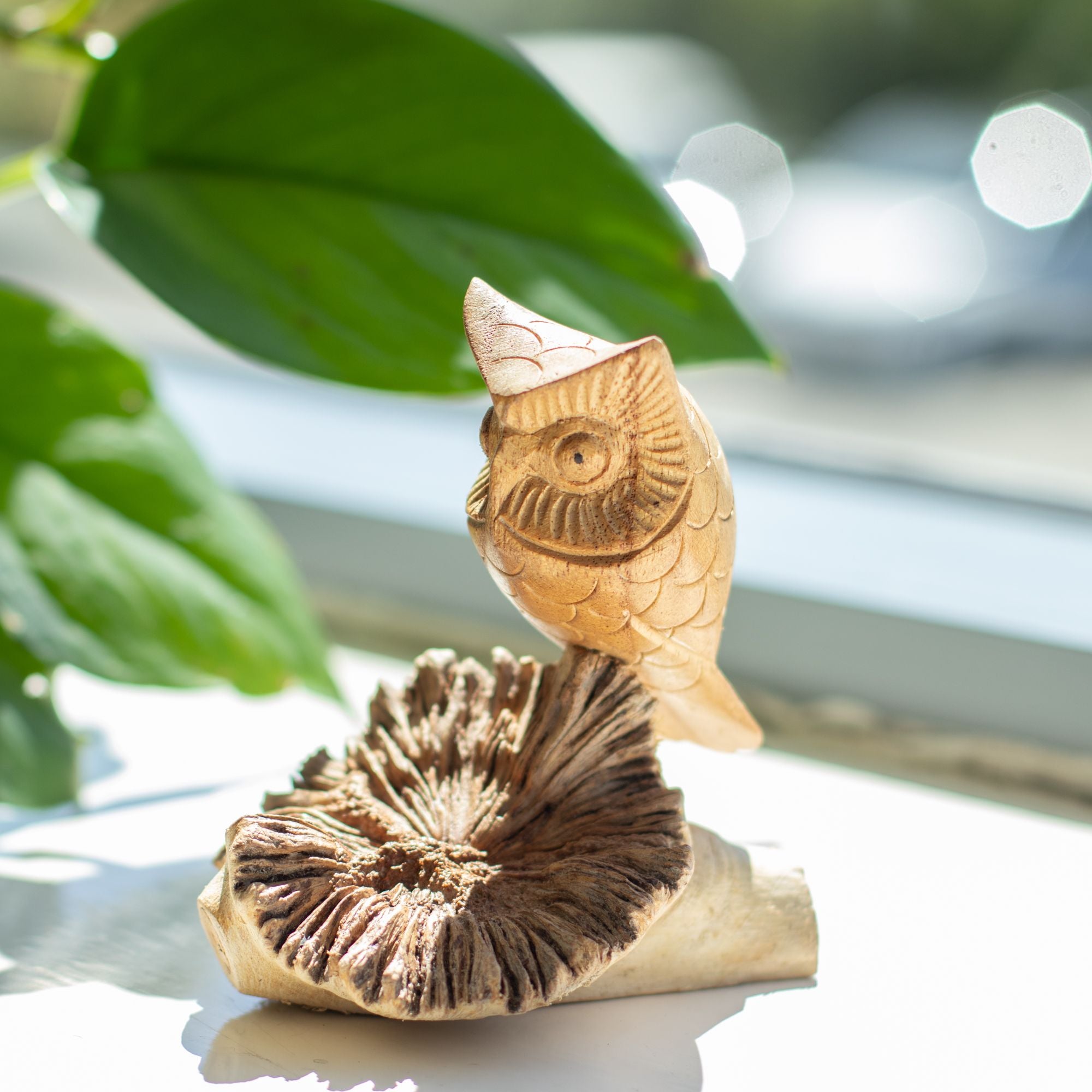 Handmade Owl Sculpture from Tree Burl - Unique Gift Figurine, Height 11 cm, Natural Shades from Indonesia