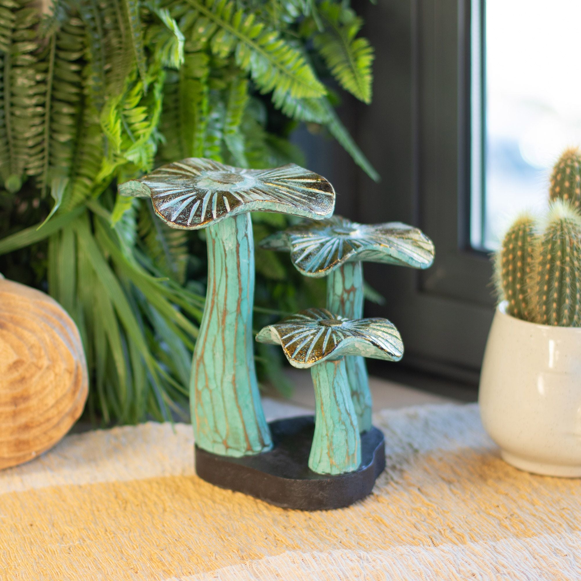 Small Artistic Golden Mushroom 20 cm - Handmade from Wood in Turquoise Shades