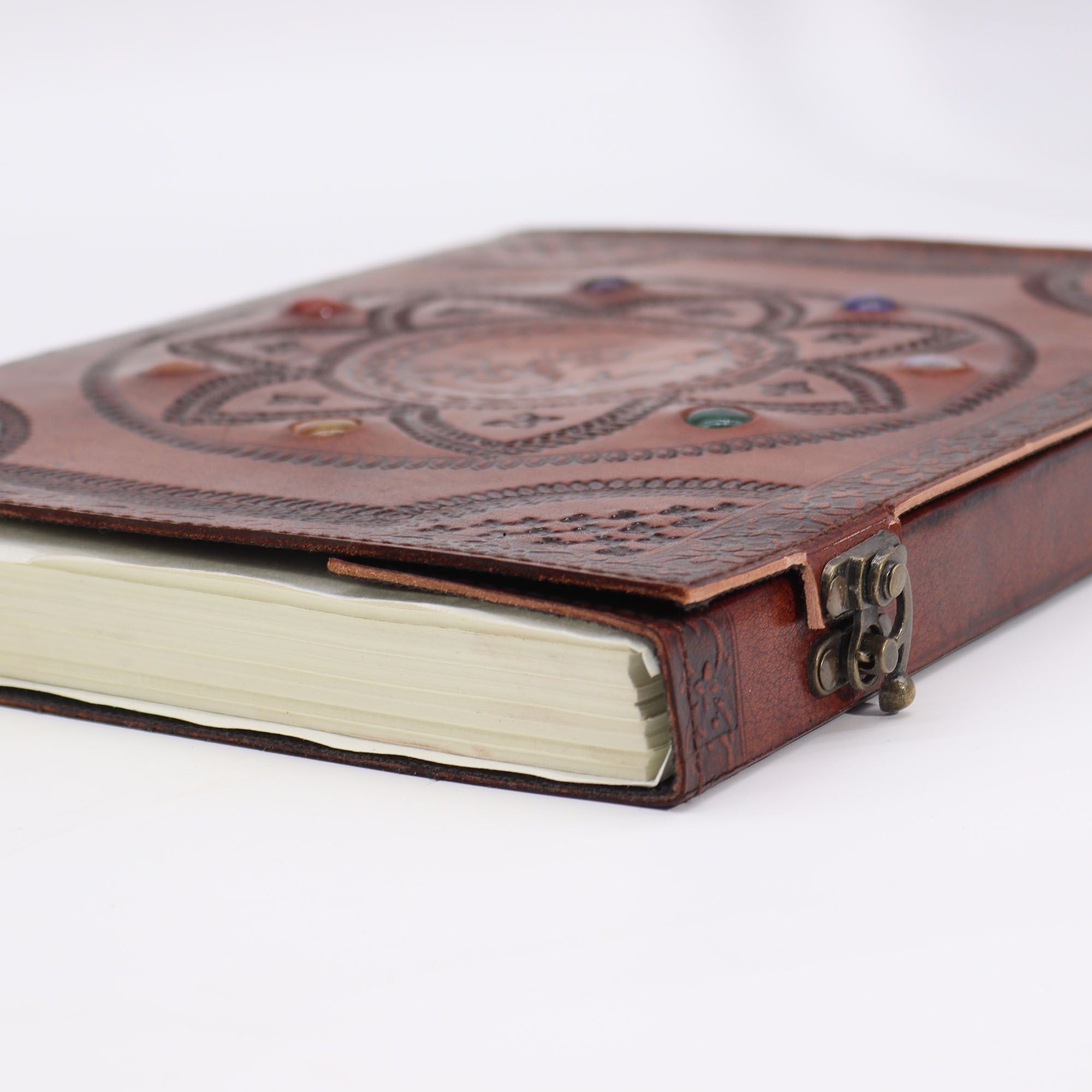 Dragon Mandala Book with Chakra Stones - Handcrafted, Natural Leather, 100 Smooth Pages, 25x34 cm