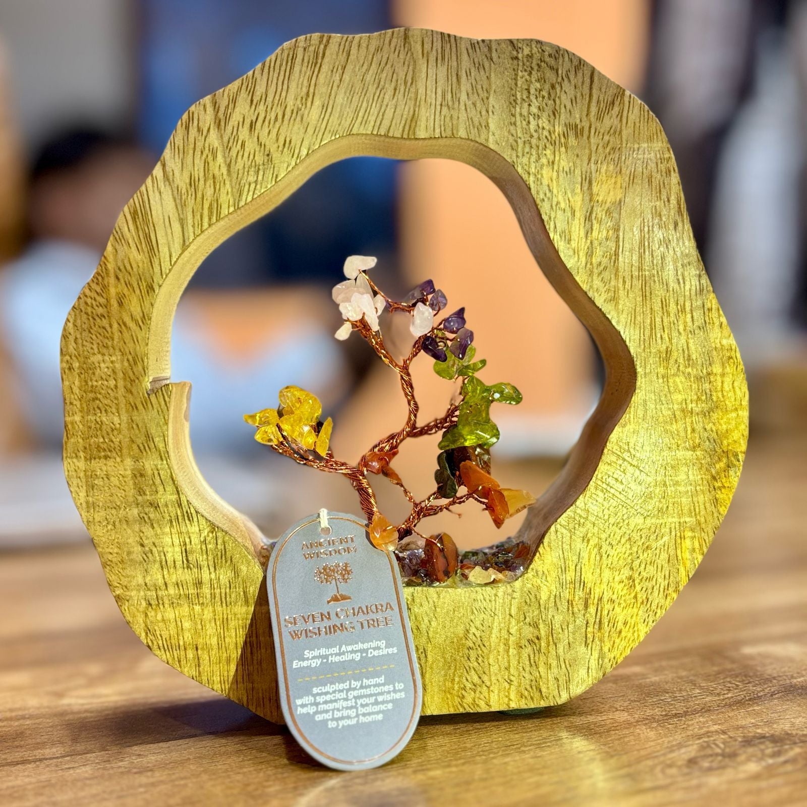 Chakra Paradise Garden - Handmade Gemstone Tree in Natural Mango Wood Hoop - 60 Chipstones in the Colors of the Seven Chakras
