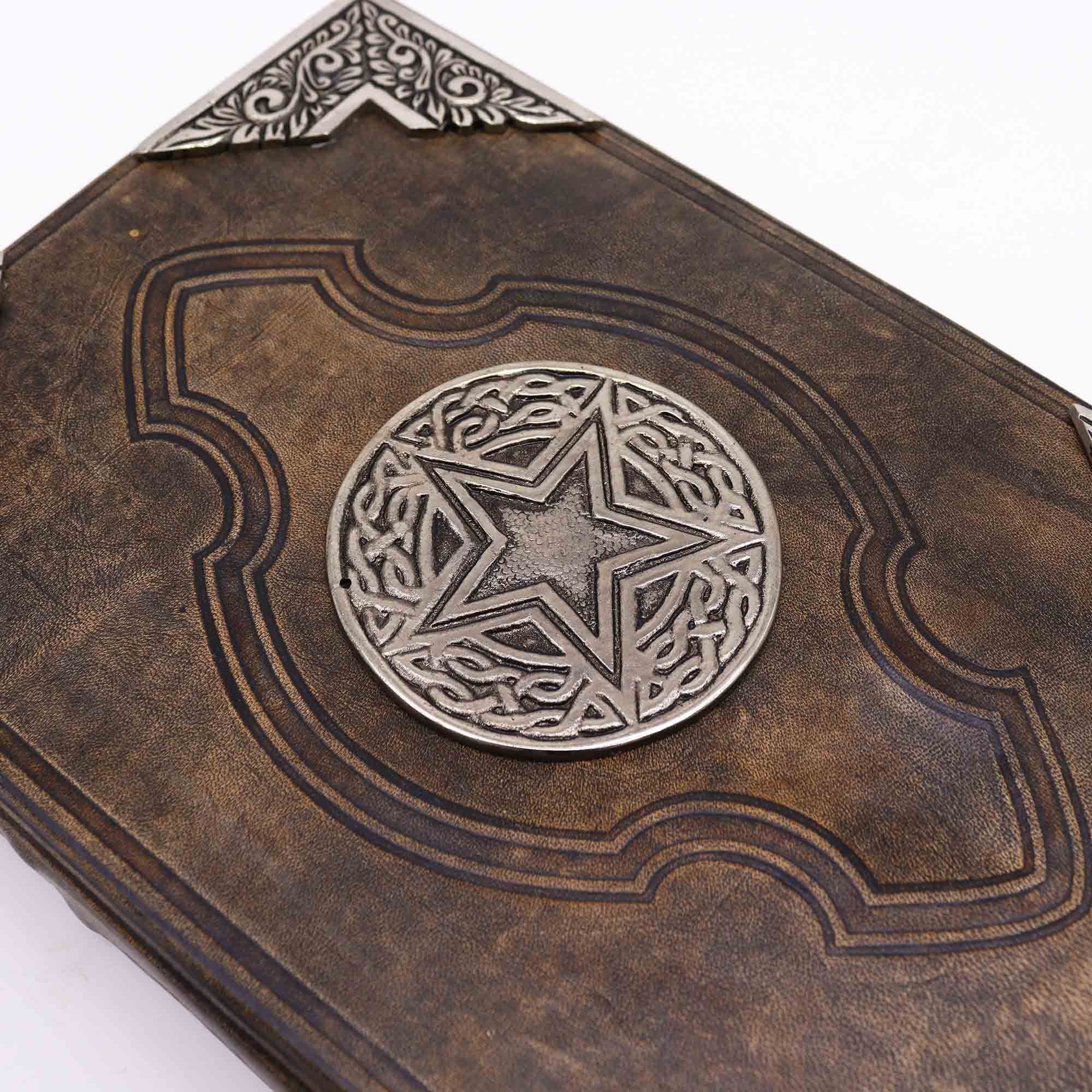 Hefty Brown Tan Book - Elegant Notebook with Zinc Pentagon, 200 Pages with Uneven Edges, Leather Cover, 26x18 cm