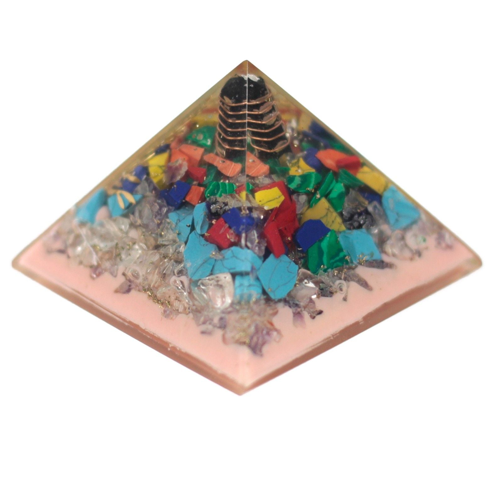 Orgonite Pyramid 70mm - Tree with Gemstones, Copper, and Metal Inlays