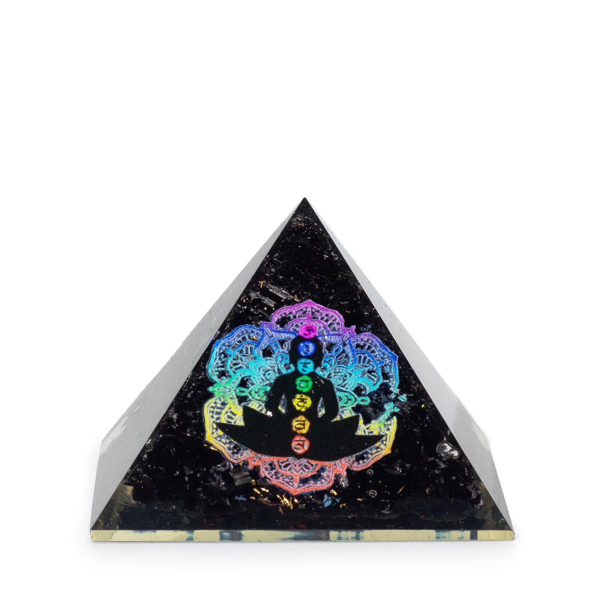 Small Orgonite Pyramid with Black Tourmaline 5.5x4.5cm with Buddha Chakra Motif