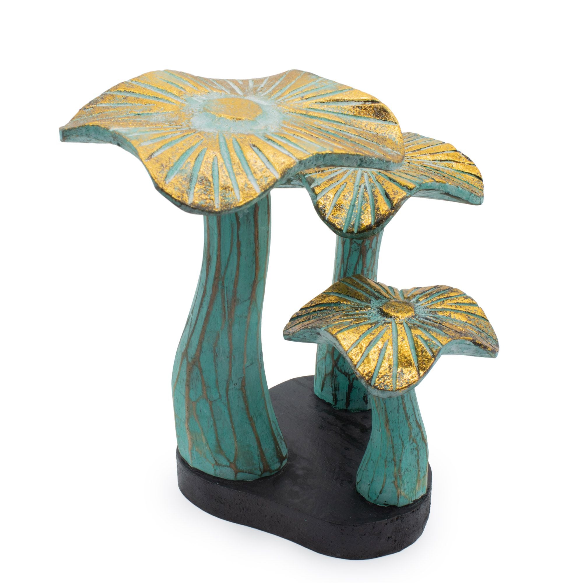 Small Artistic Golden Mushroom 20 cm - Handmade from Wood in Turquoise Shades