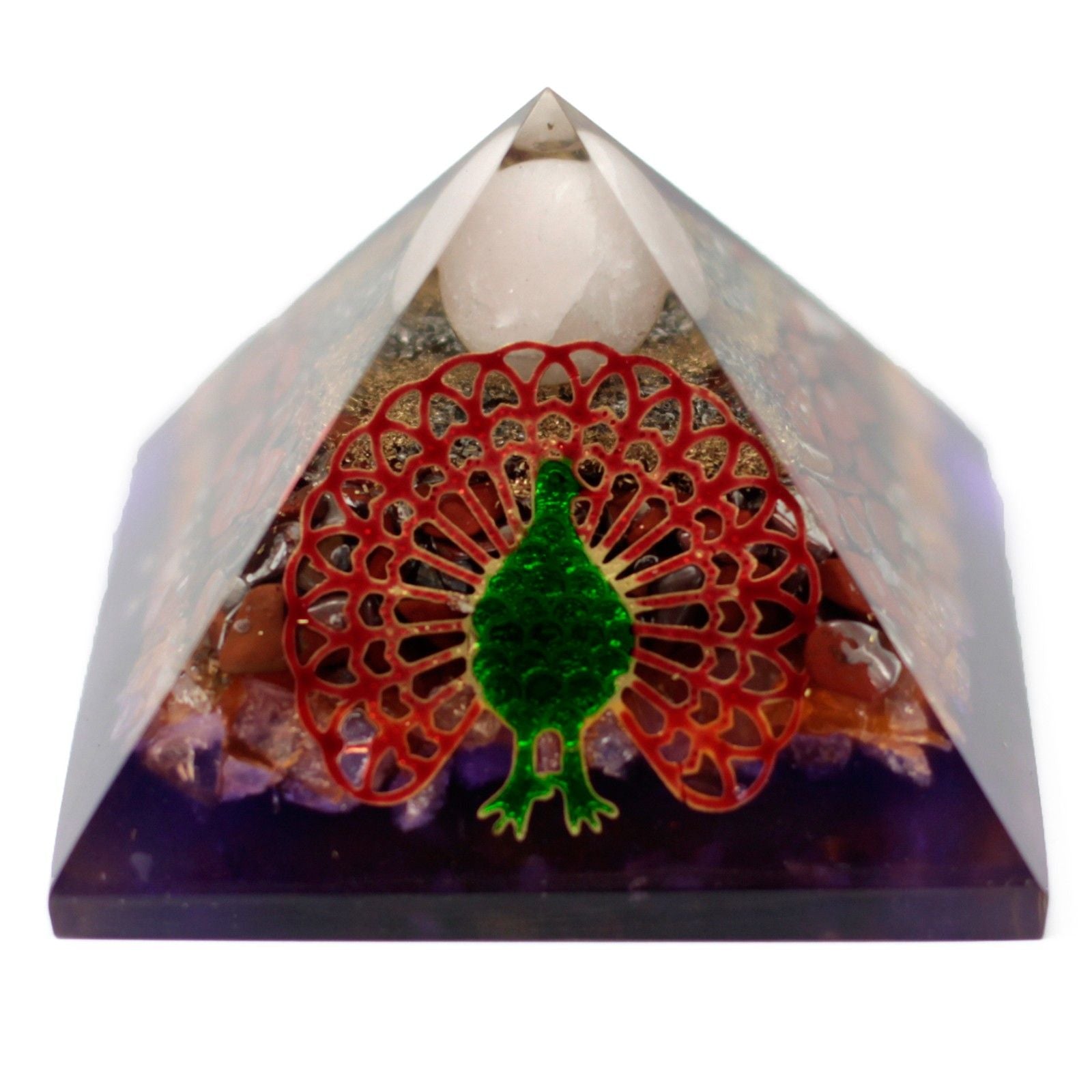 Orgonite Pyramid 70mm - Peacock in Multicolor Design with Gemstones and Copper