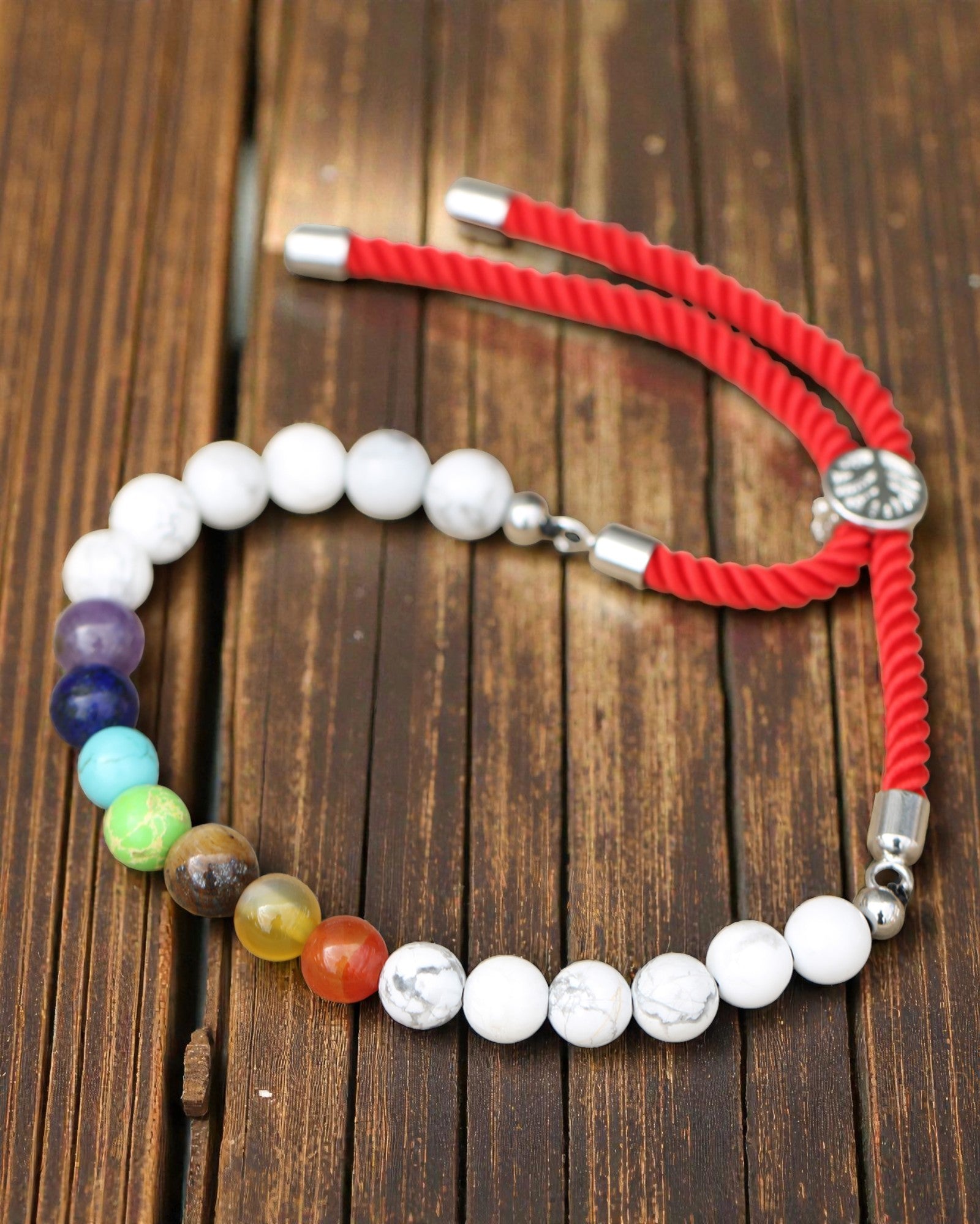 Royal Harmony Chakra – Bracelet with White Howlite and 925 Silver on a Red Cord