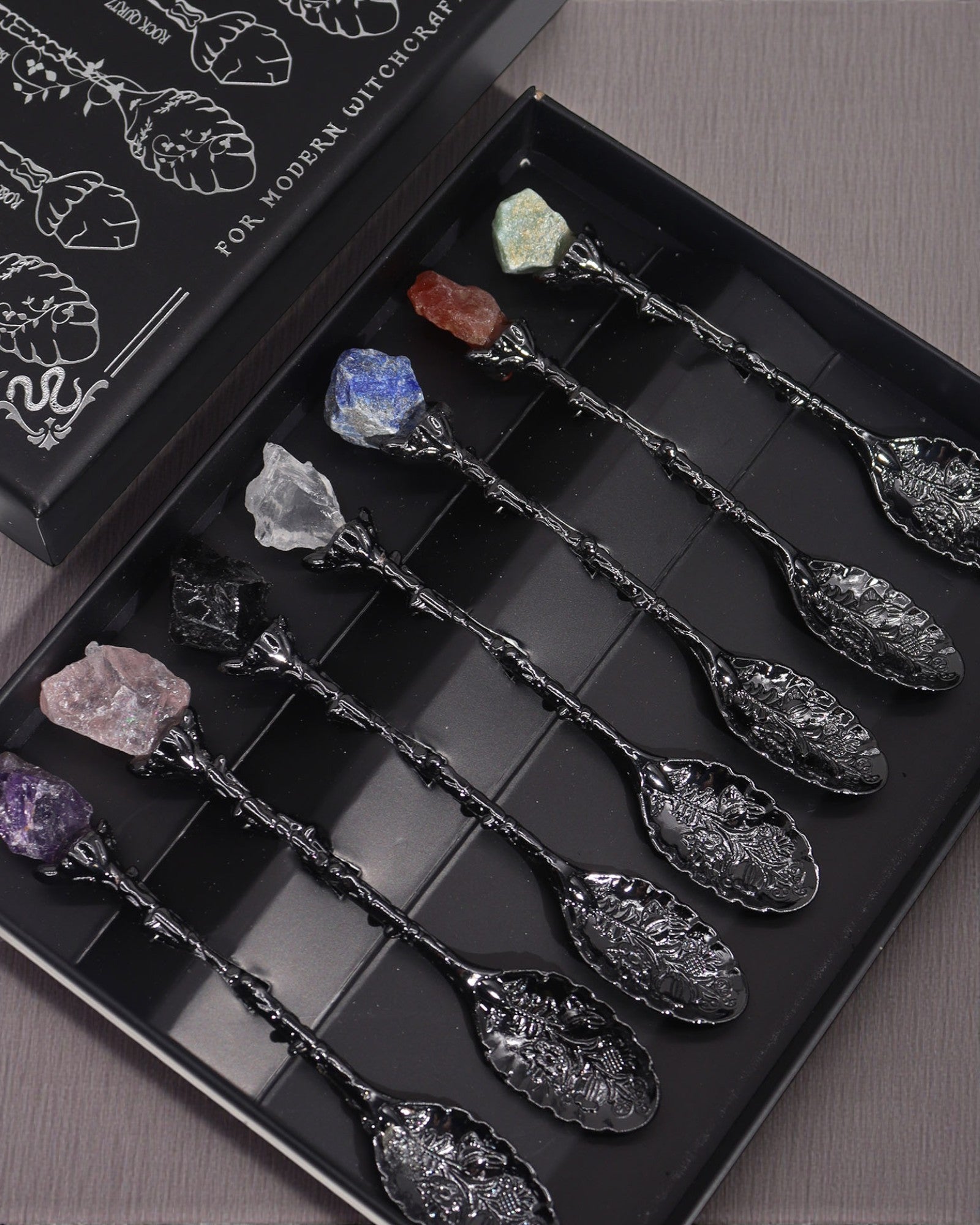 Arcana Noctis – Set of 7 Dark Gray Witch Spoons with Natural Stones