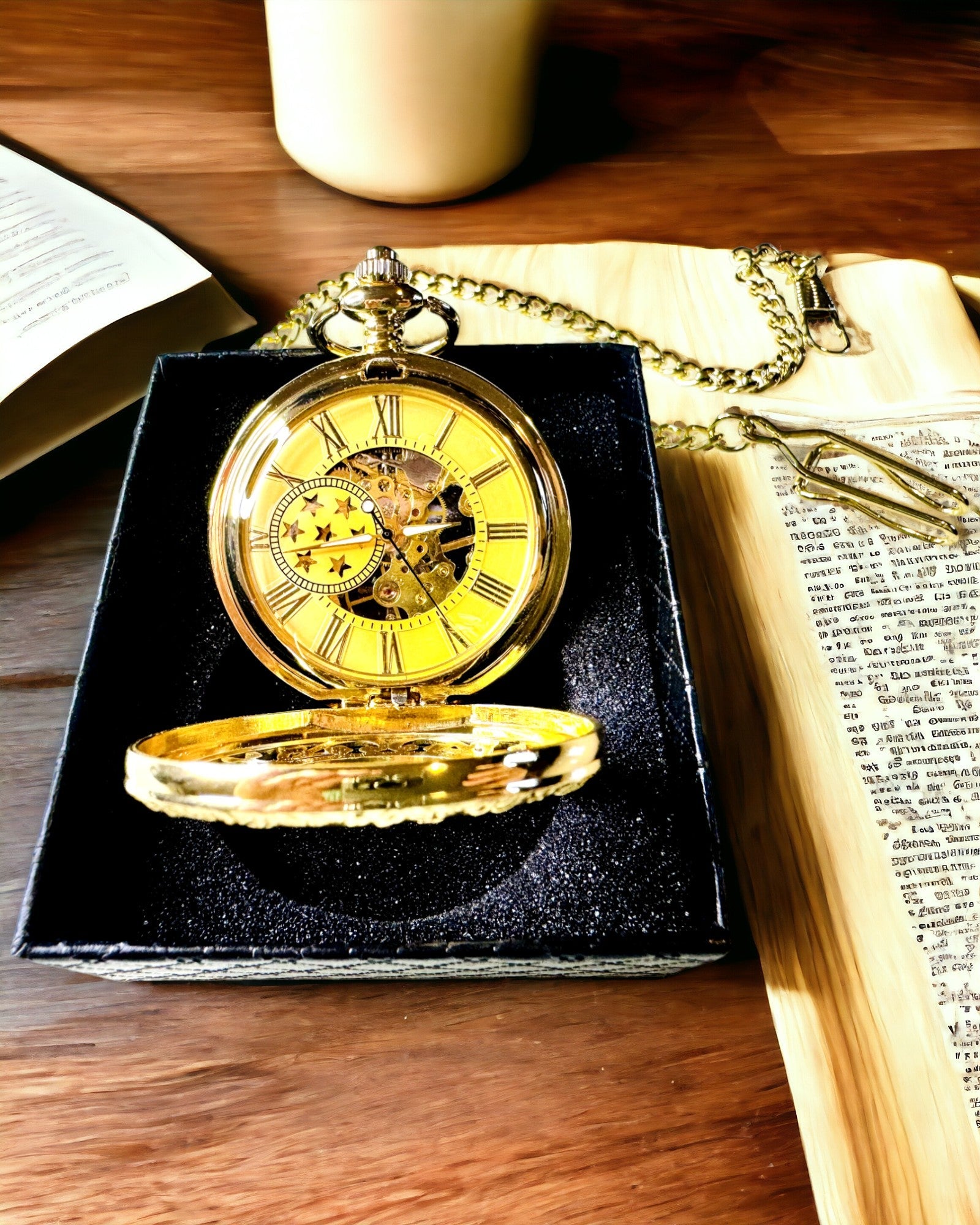 "Golden Majesty" – Luxury Mechanical Pocket Watch with Transparent Core, Customizable with Engraving