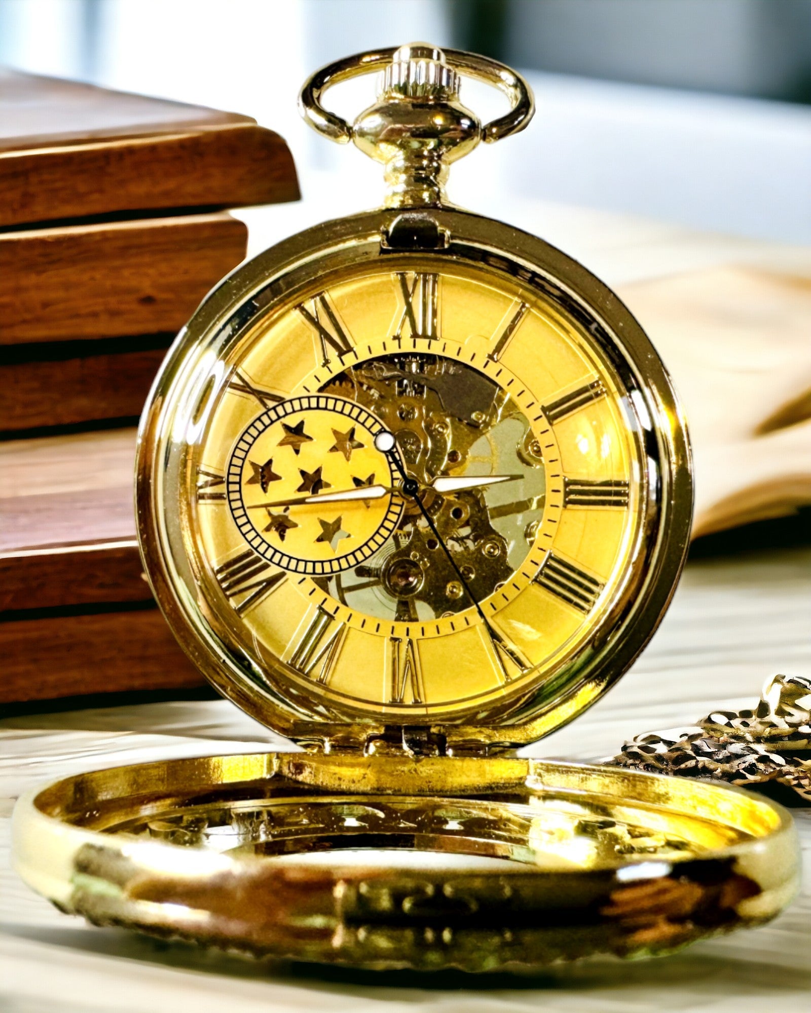 "Golden Majesty" – Luxury Mechanical Pocket Watch with Transparent Core, Customizable with Engraving