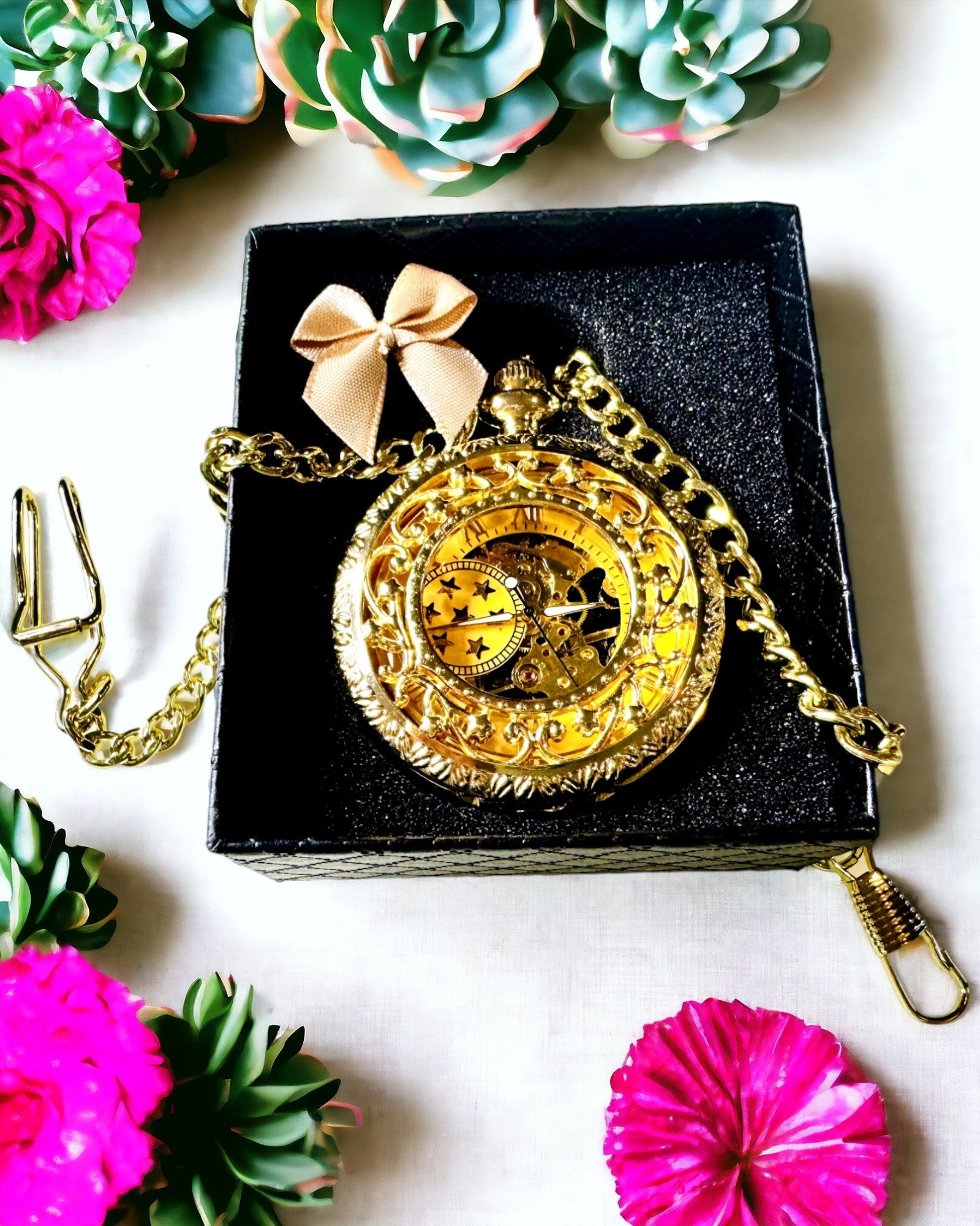 "Golden Majesty" – Luxury Mechanical Pocket Watch with Transparent Core, Customizable with Engraving