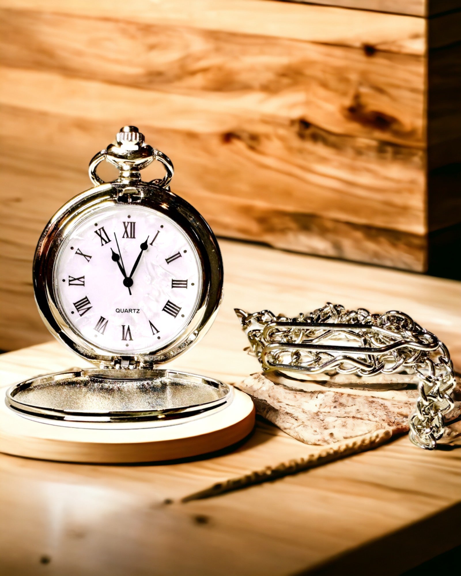 Classic Pocket Watch with Roman Numerals and Chain, Quartz, Steel Shine - Silver Color