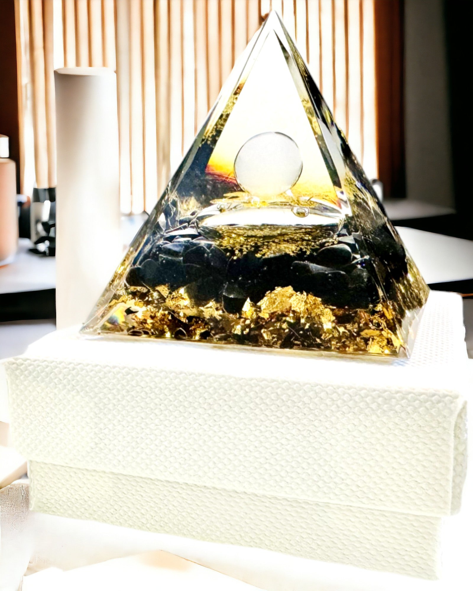 Orgonite Pyramid with Obsidian – Chakra Energy Generator, Reiki Meditation Tool with Natural Stone