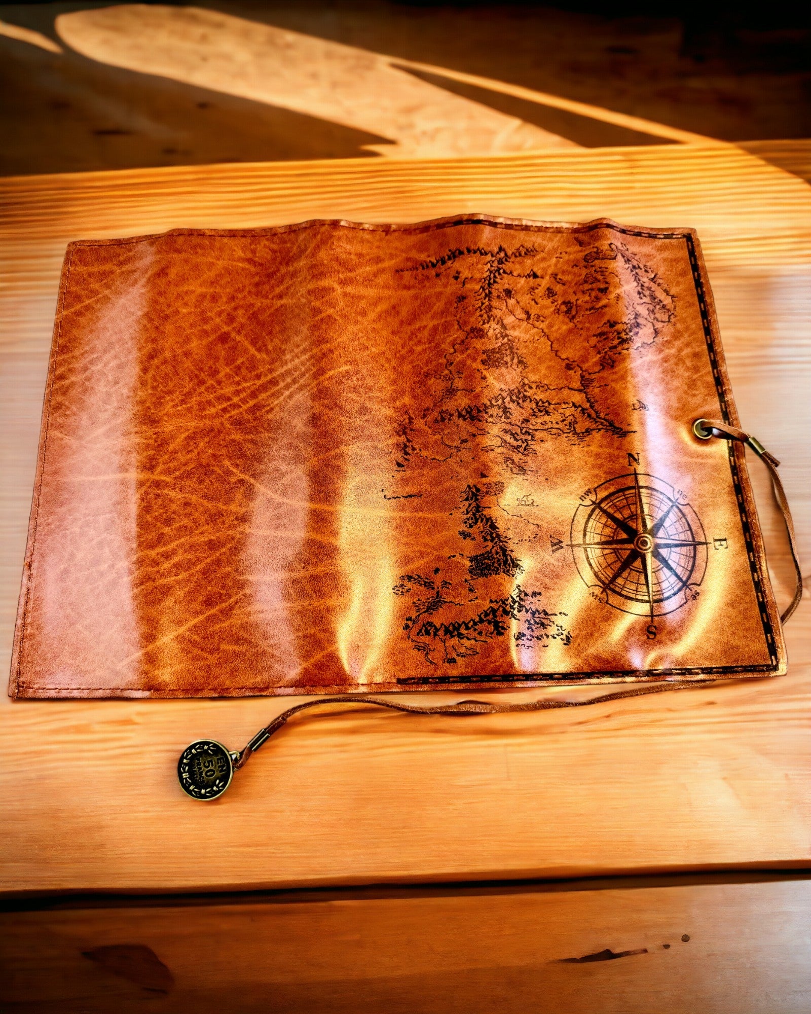 Retro Dark Brown Leather Pencil Case with Treasure Map Motif - Elegant Bag for Storing Writing Treasures