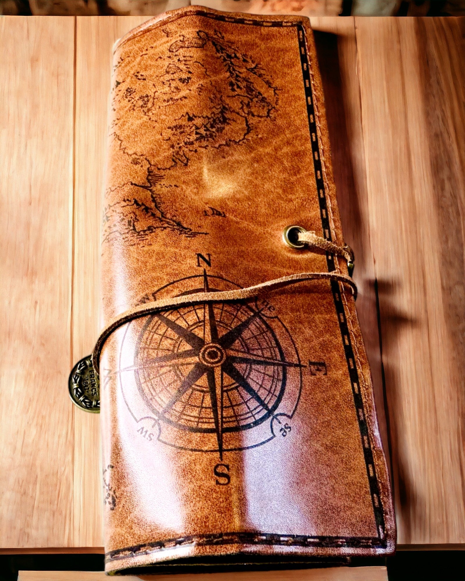Retro Dark Brown Leather Pencil Case with Treasure Map Motif - Elegant Bag for Storing Writing Treasures