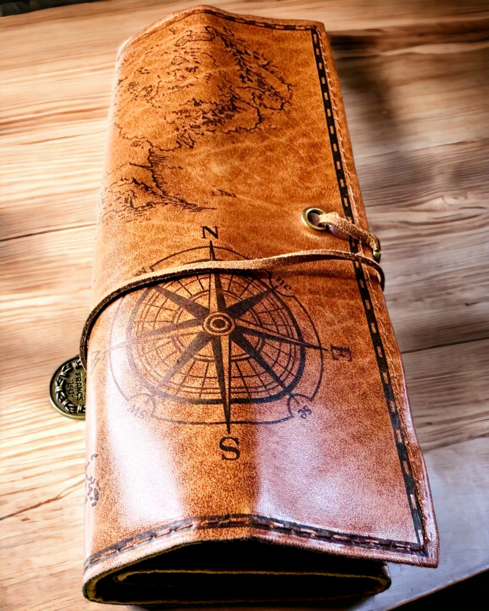 Retro Dark Brown Leather Pencil Case with Treasure Map Motif - Elegant Bag for Storing Writing Treasures