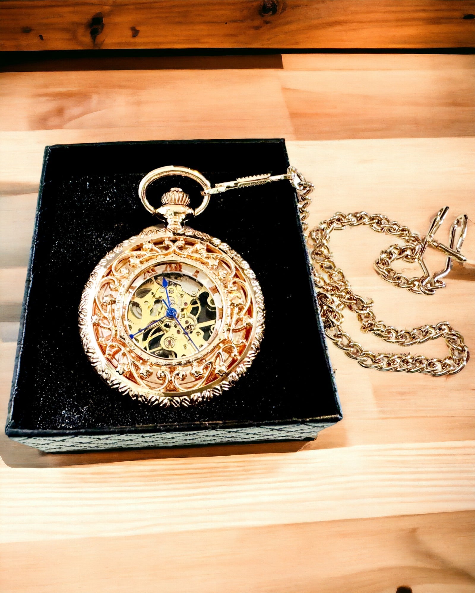 Vintage Style Pocket Watch with Transparent Dial and Skeleton Movement