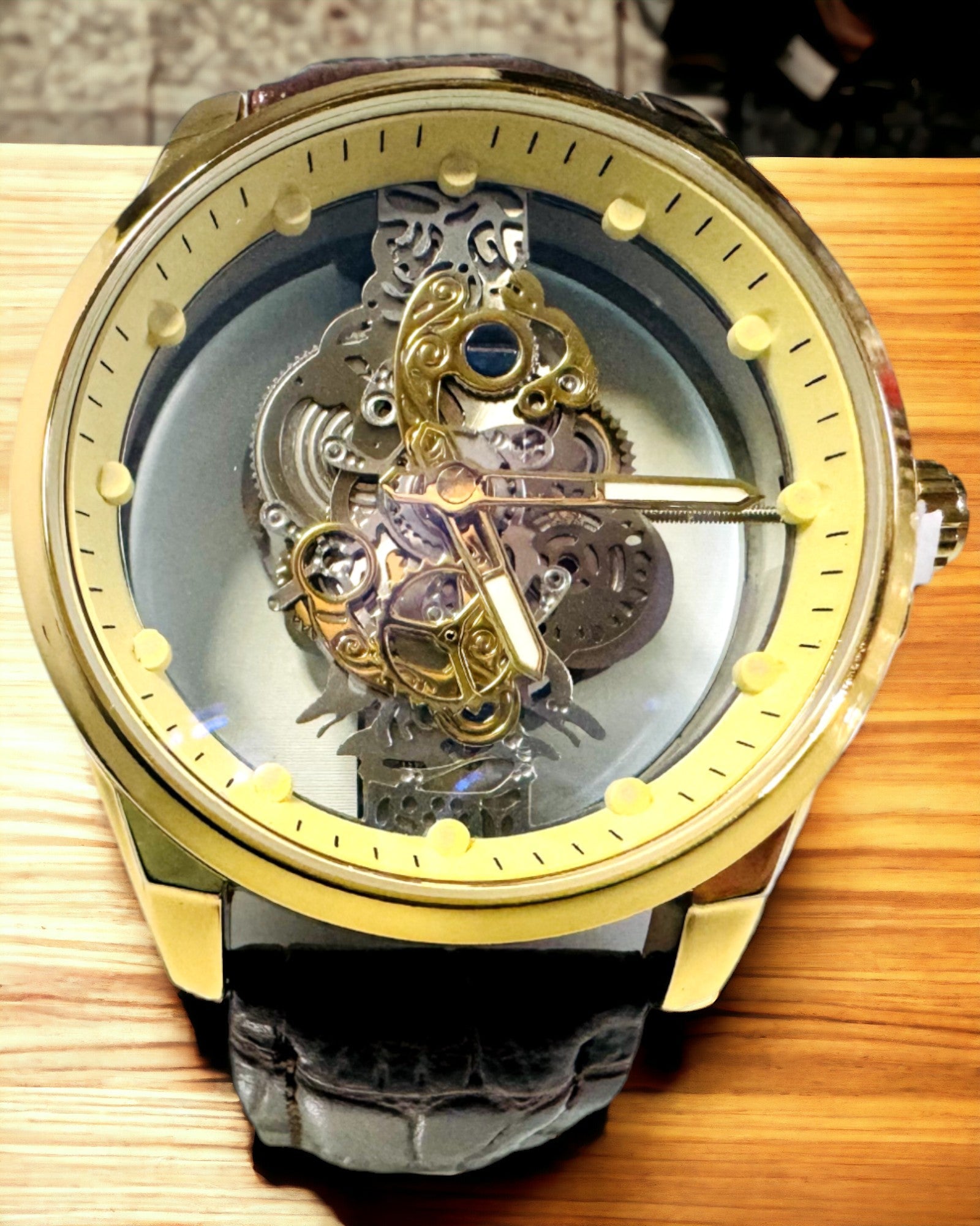 Men's Watch with Transparent Mechanism - Elegance and Precision in a Golden Setting