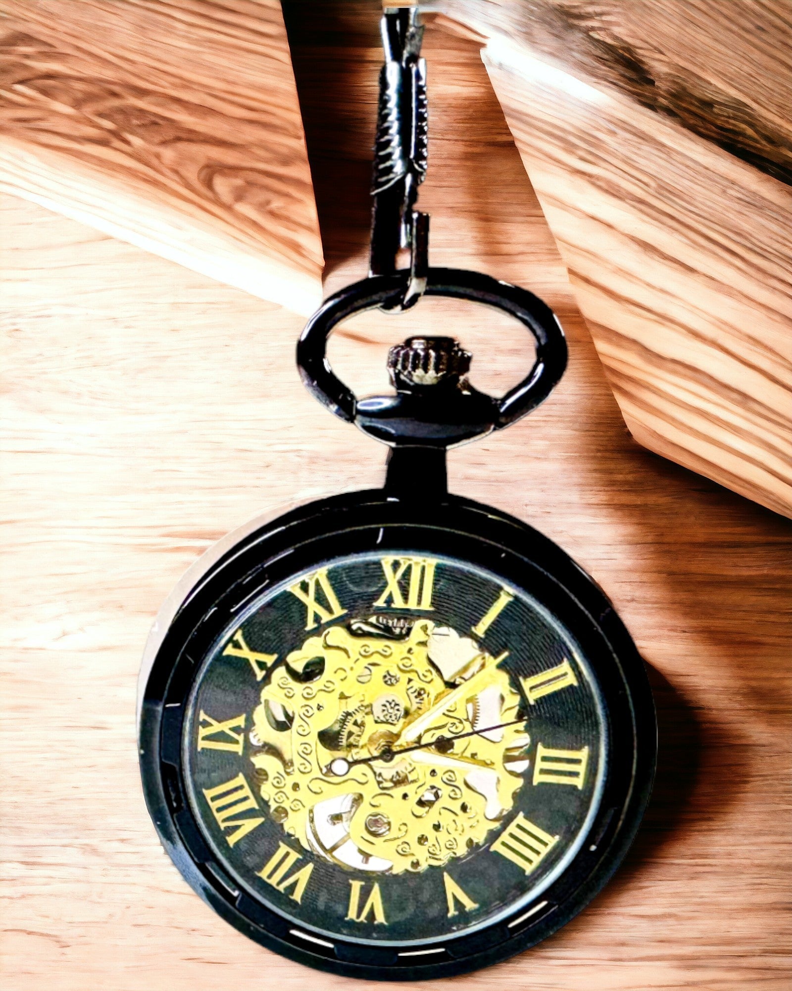 Mechanical Retro Style Pocket Watch, Waterproof, Semi-Automatic - Black Color - Perfect for a Gift, Engraving
