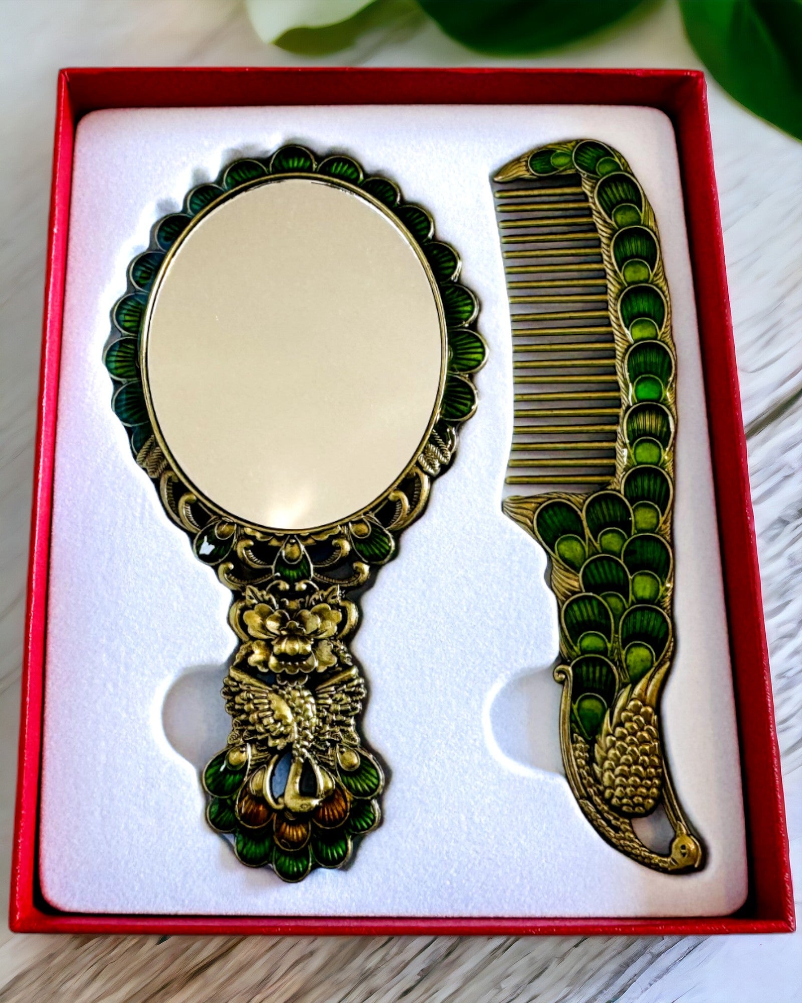 Vintage Set with Mirror and Comb in Peacock Motif - Decorative Cosmetic Accessories