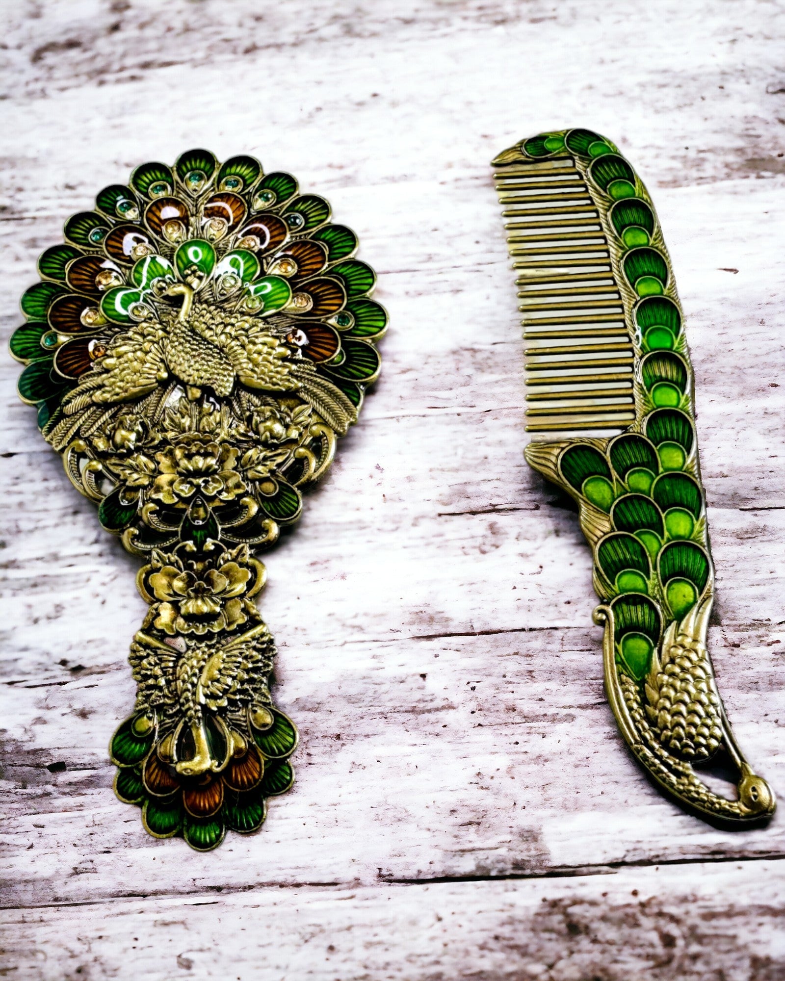 Vintage Set with Mirror and Comb in Peacock Motif - Decorative Cosmetic Accessories