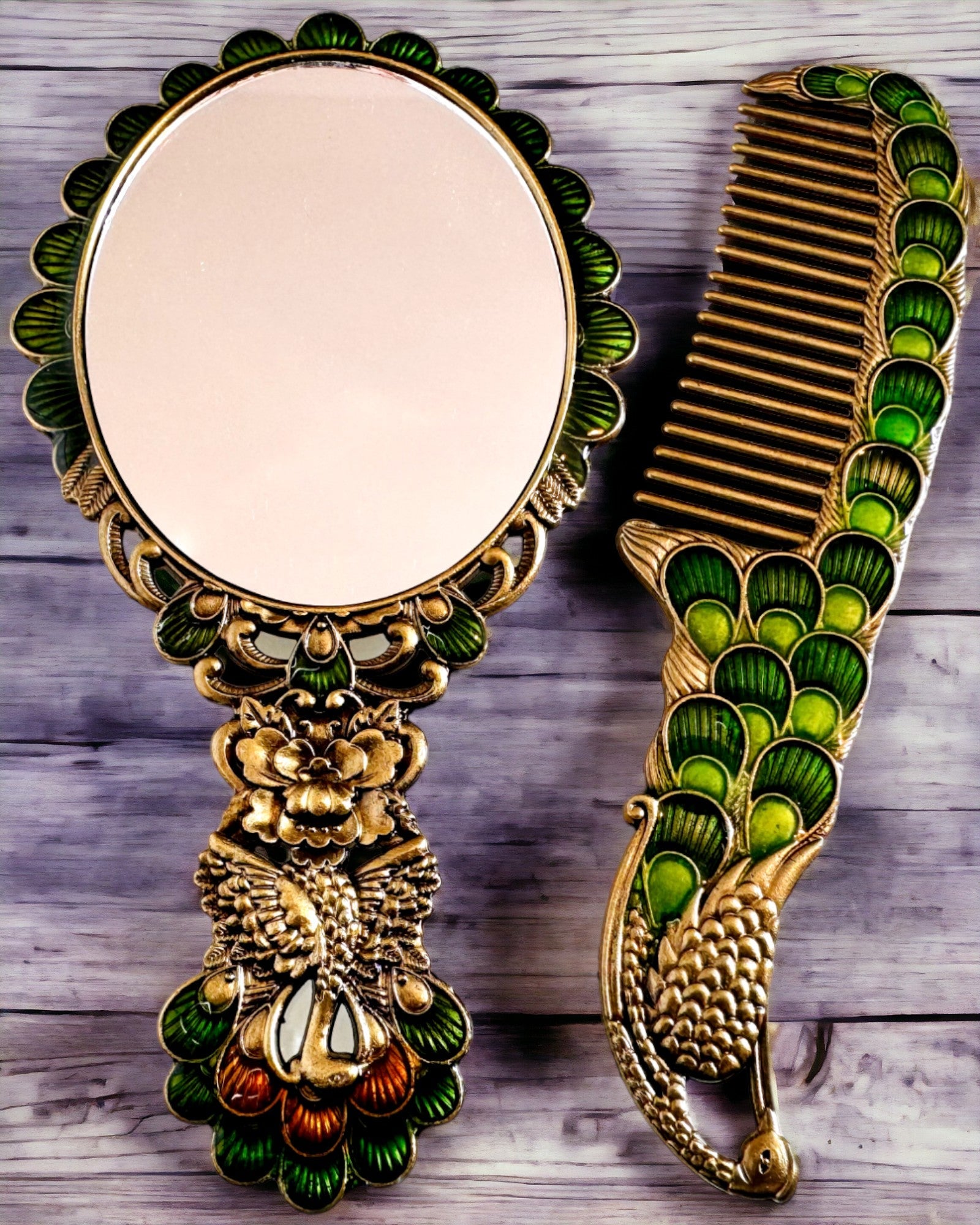 Vintage Set with Mirror and Comb in Peacock Motif - Decorative Cosmetic Accessories