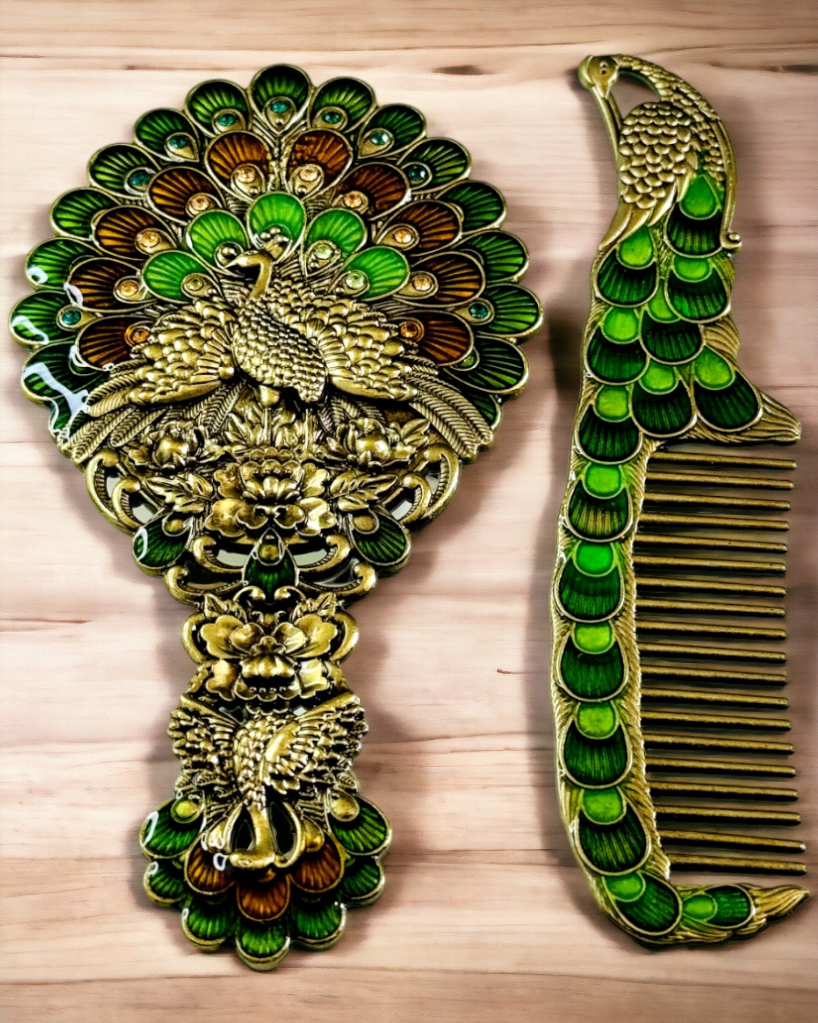 Vintage Set with Mirror and Comb in Peacock Motif - Decorative Cosmetic Accessories